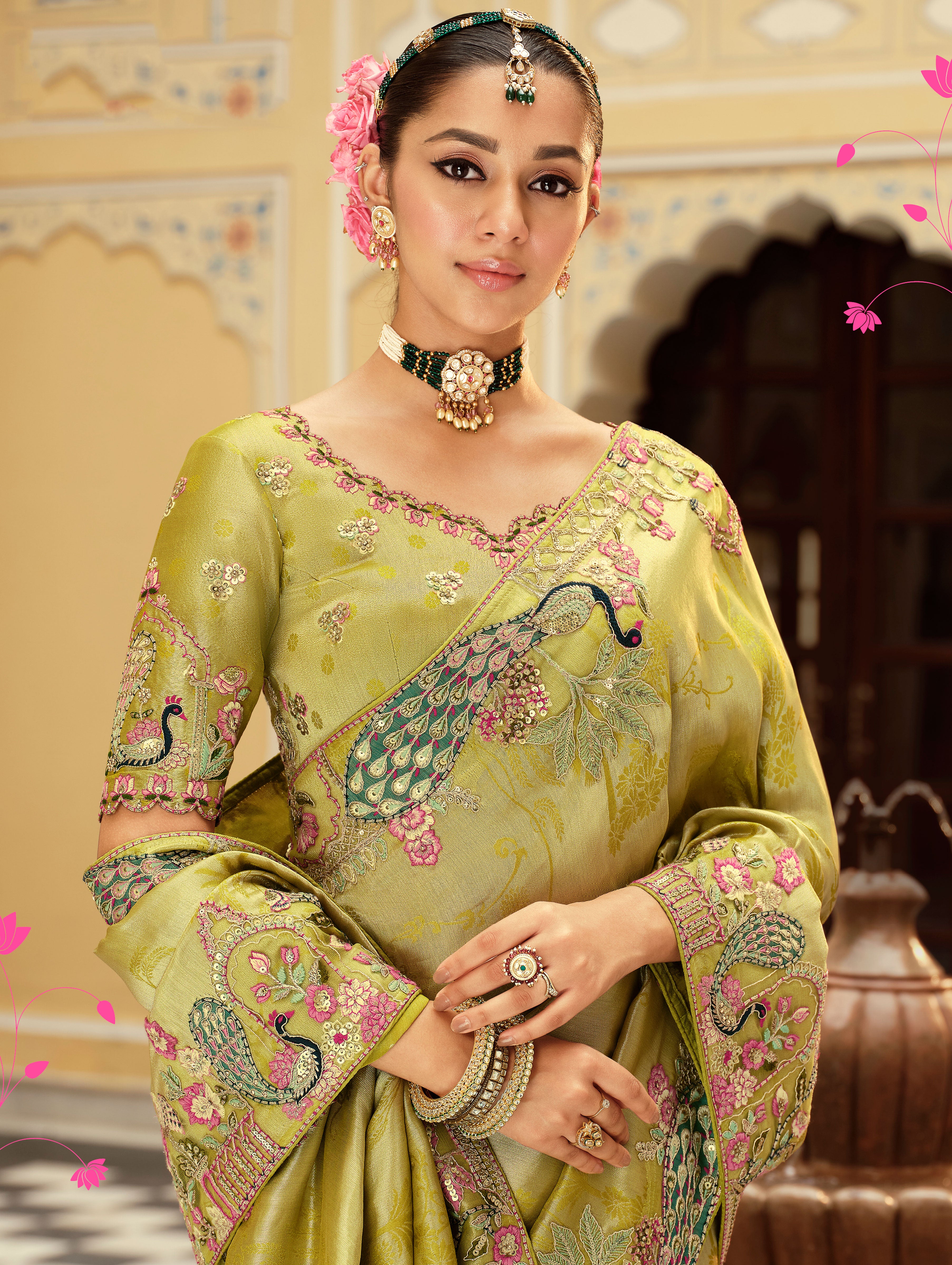 Pista Green Saree With Zari weaving With Heavy Thread Embroidery With khatli work