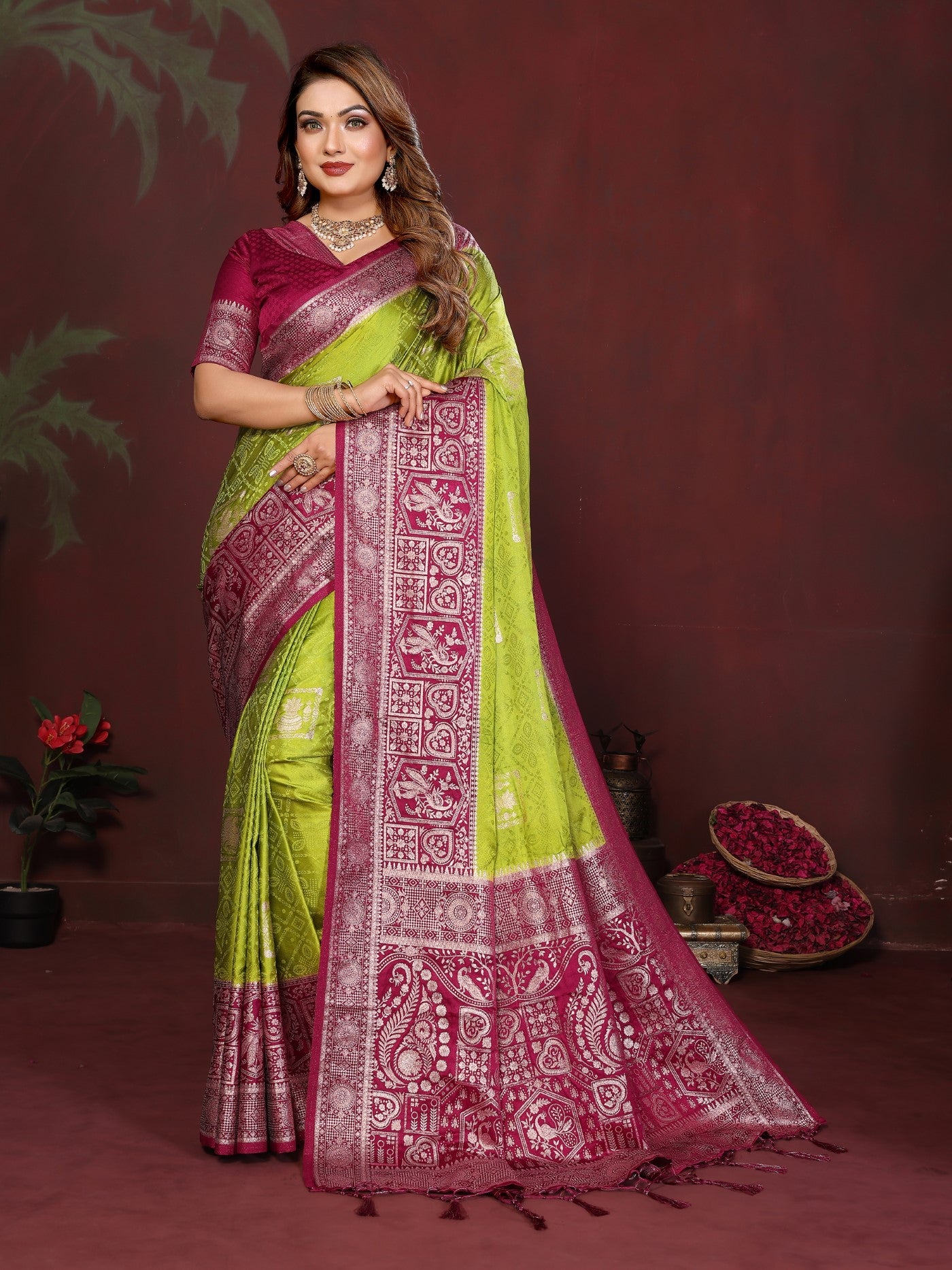 Pista Green Satin Silk Saree With Elegant Zari Butta Designs