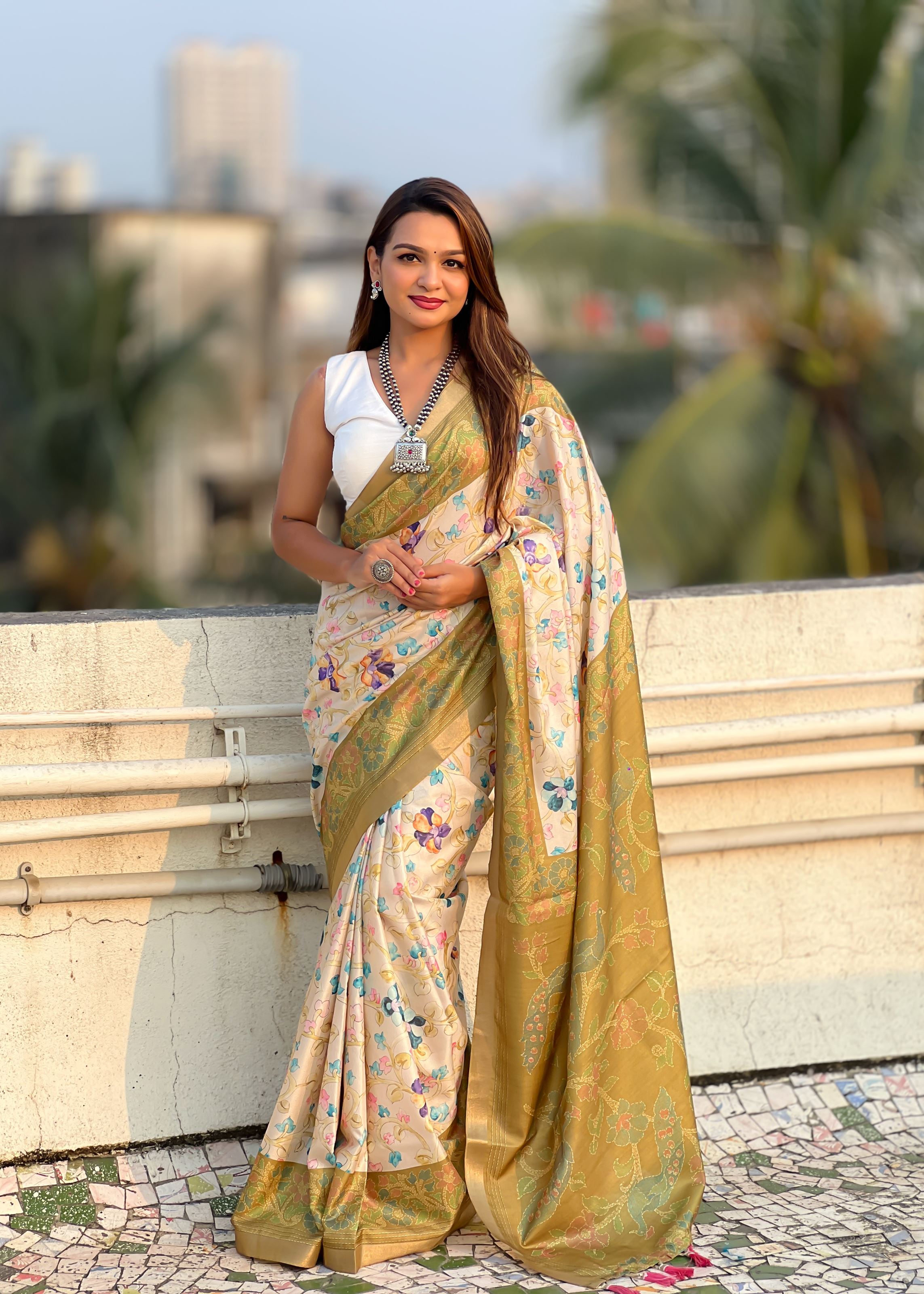 Pista Green Silk Blend Kalamkari Printed Saree