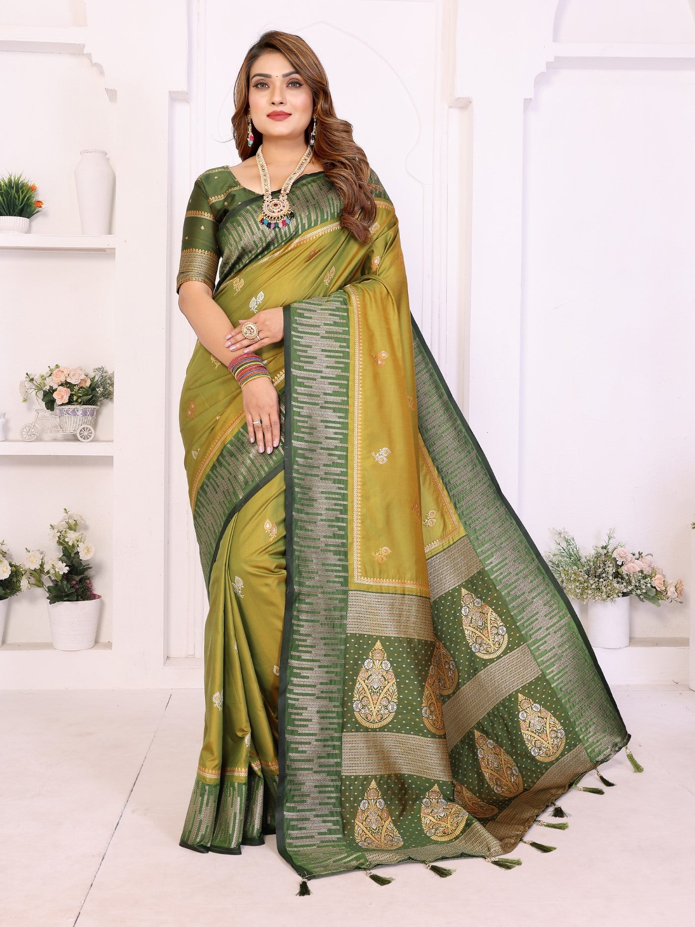 Pista Green South Soft Silk Saree With Traditional Zari Weaving