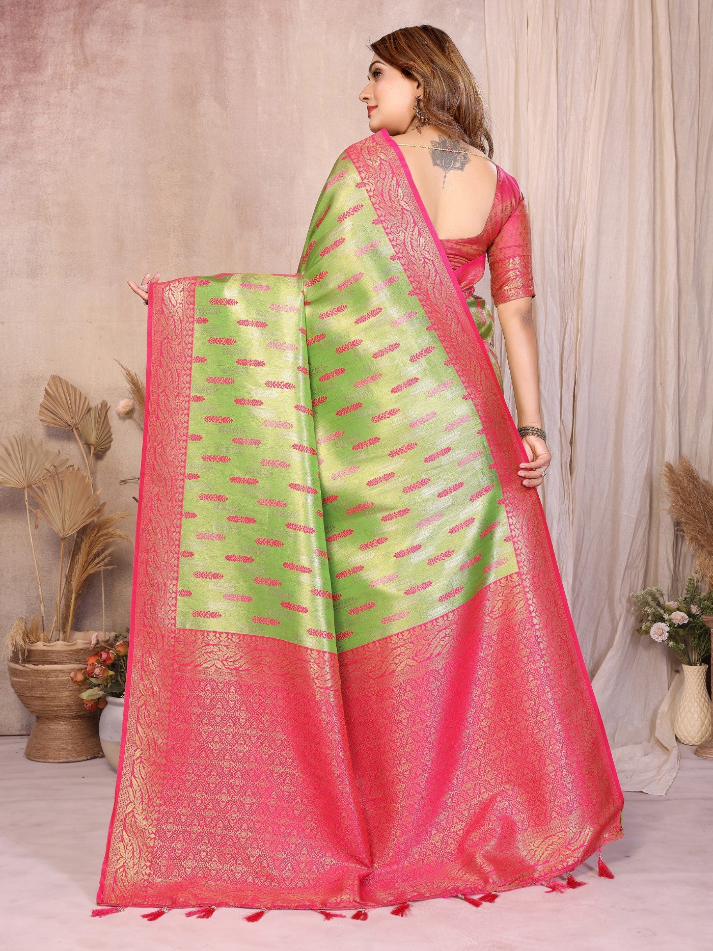 Pista Green Tissue Silk Saree With Paithani Woven