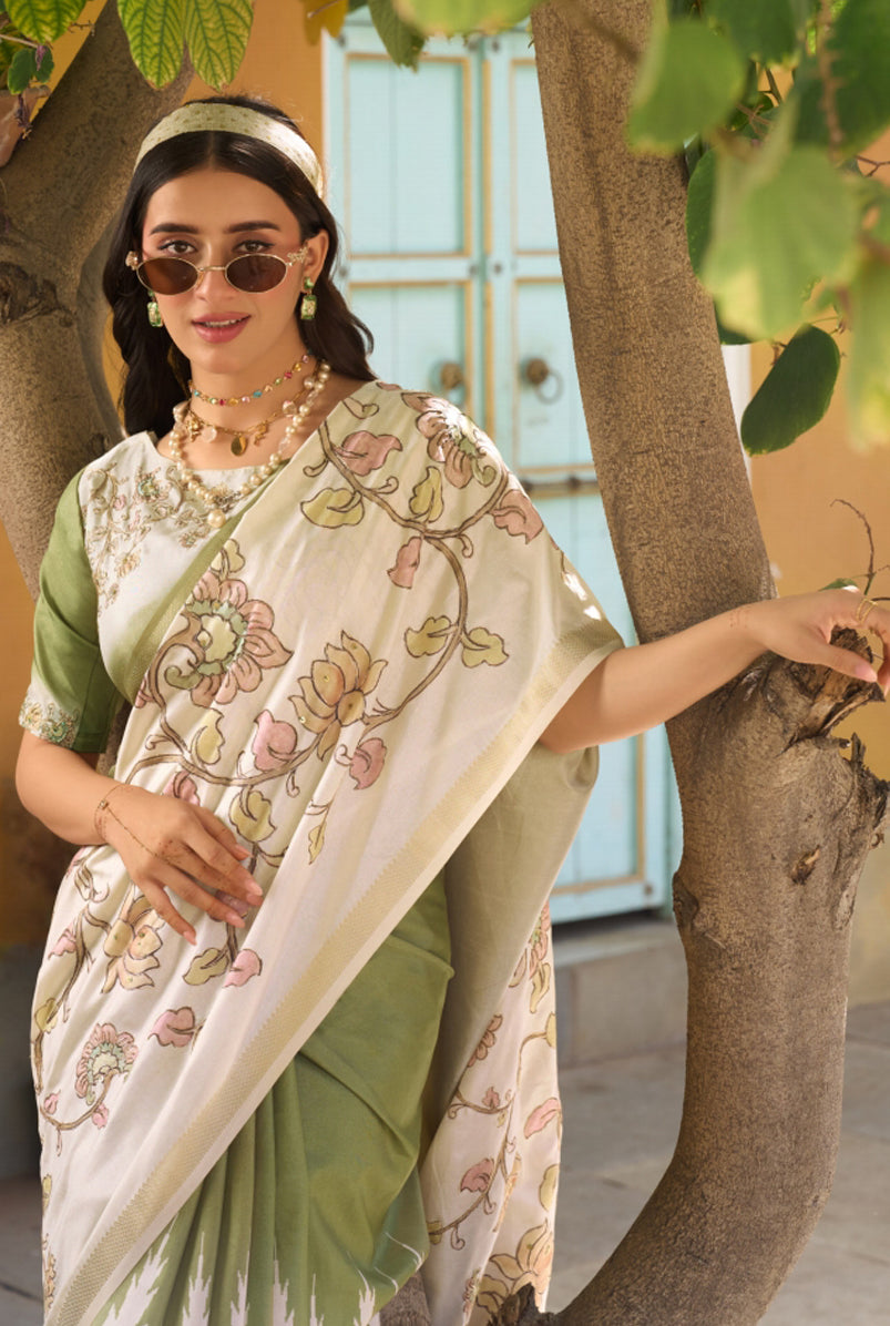 Pista Green & Cream Saree With Print
