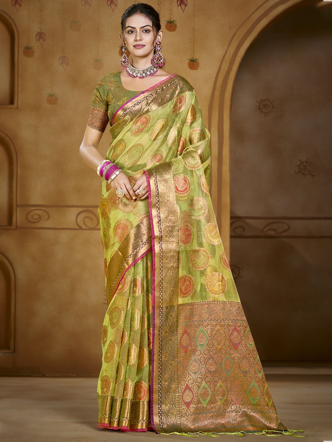 Pista Green color Organza Silk Saree