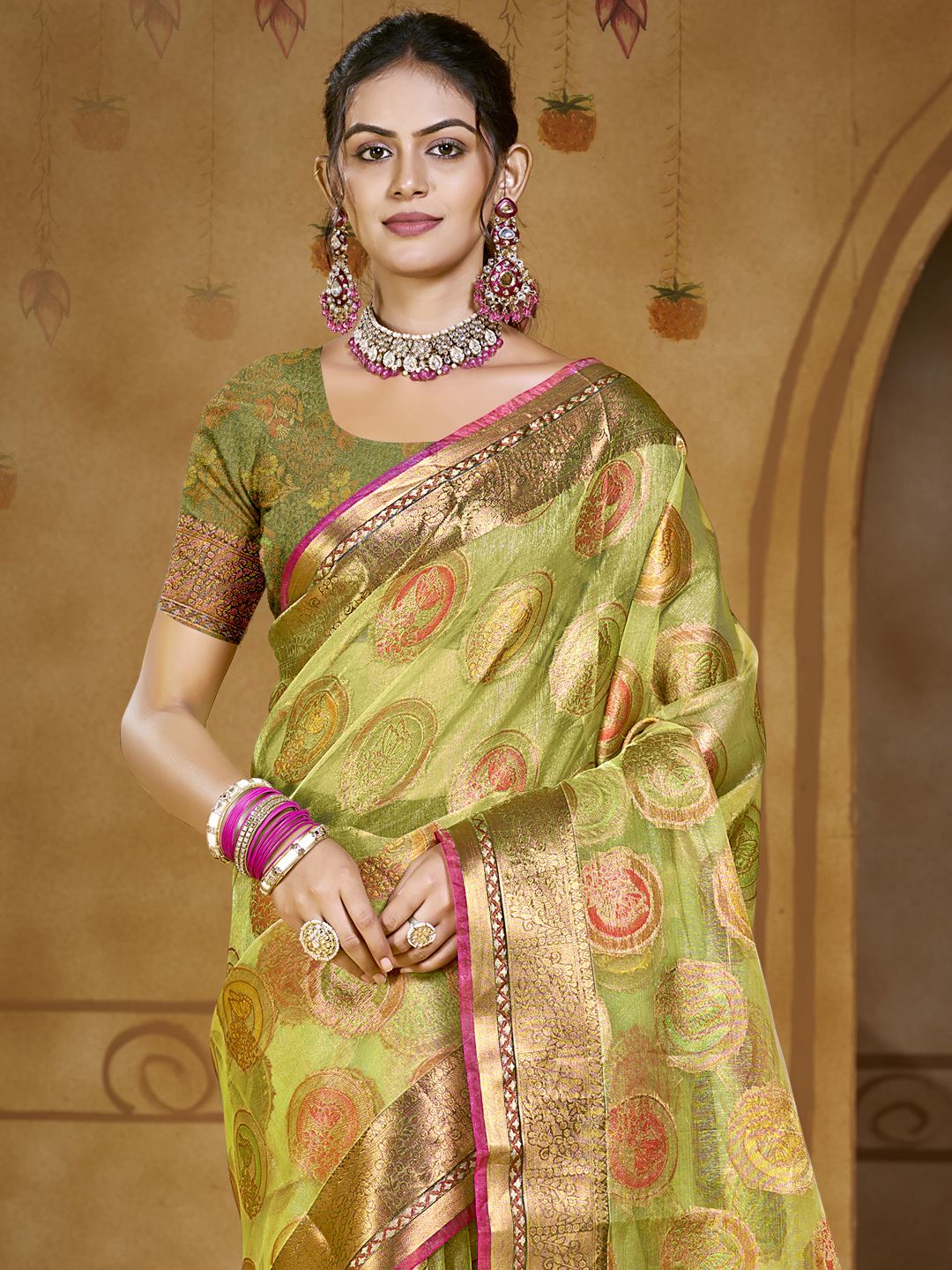 Pista Green color Organza Silk Saree