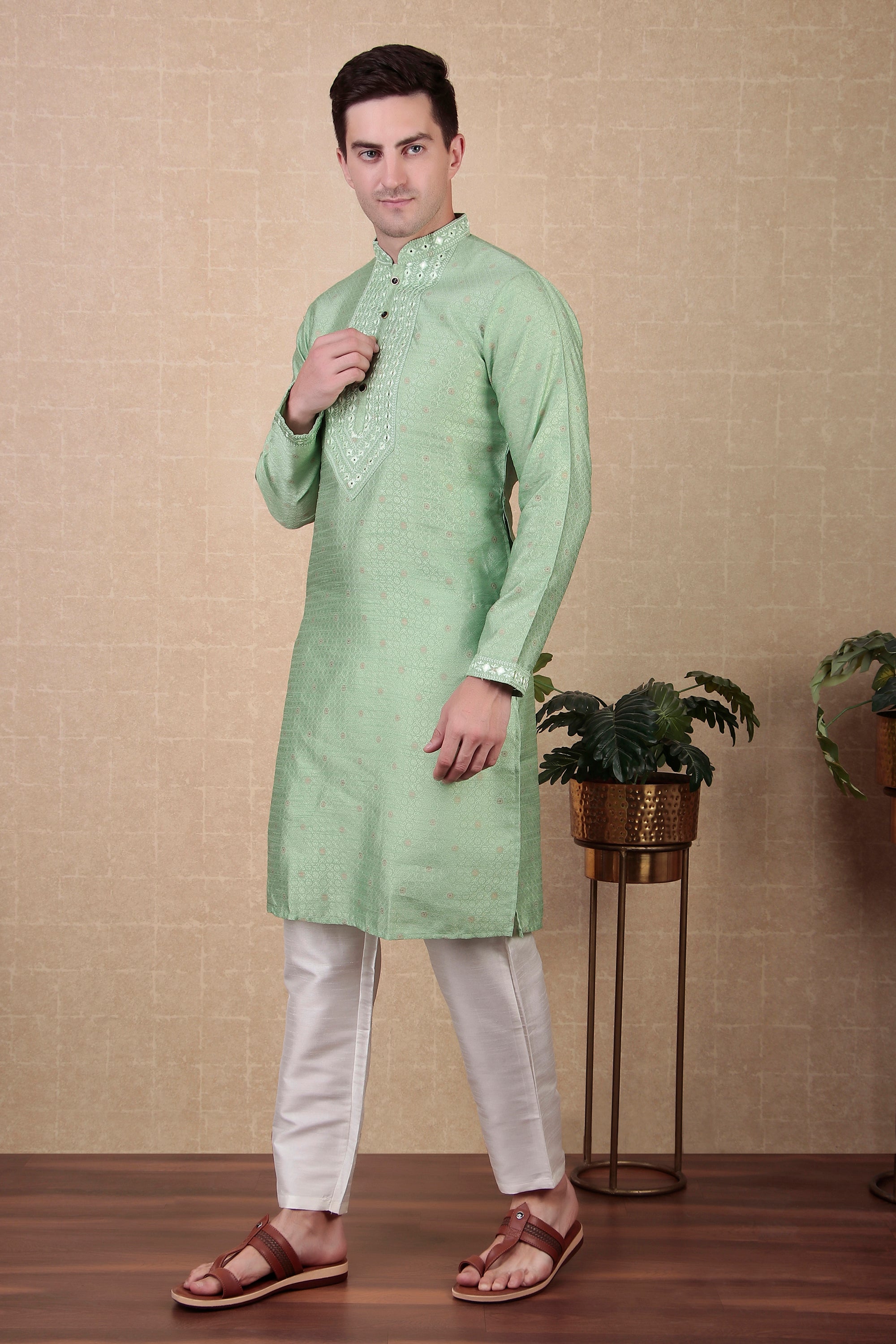 Pista Jacquard Silk Kurta Payjama – Soft and Refreshing
