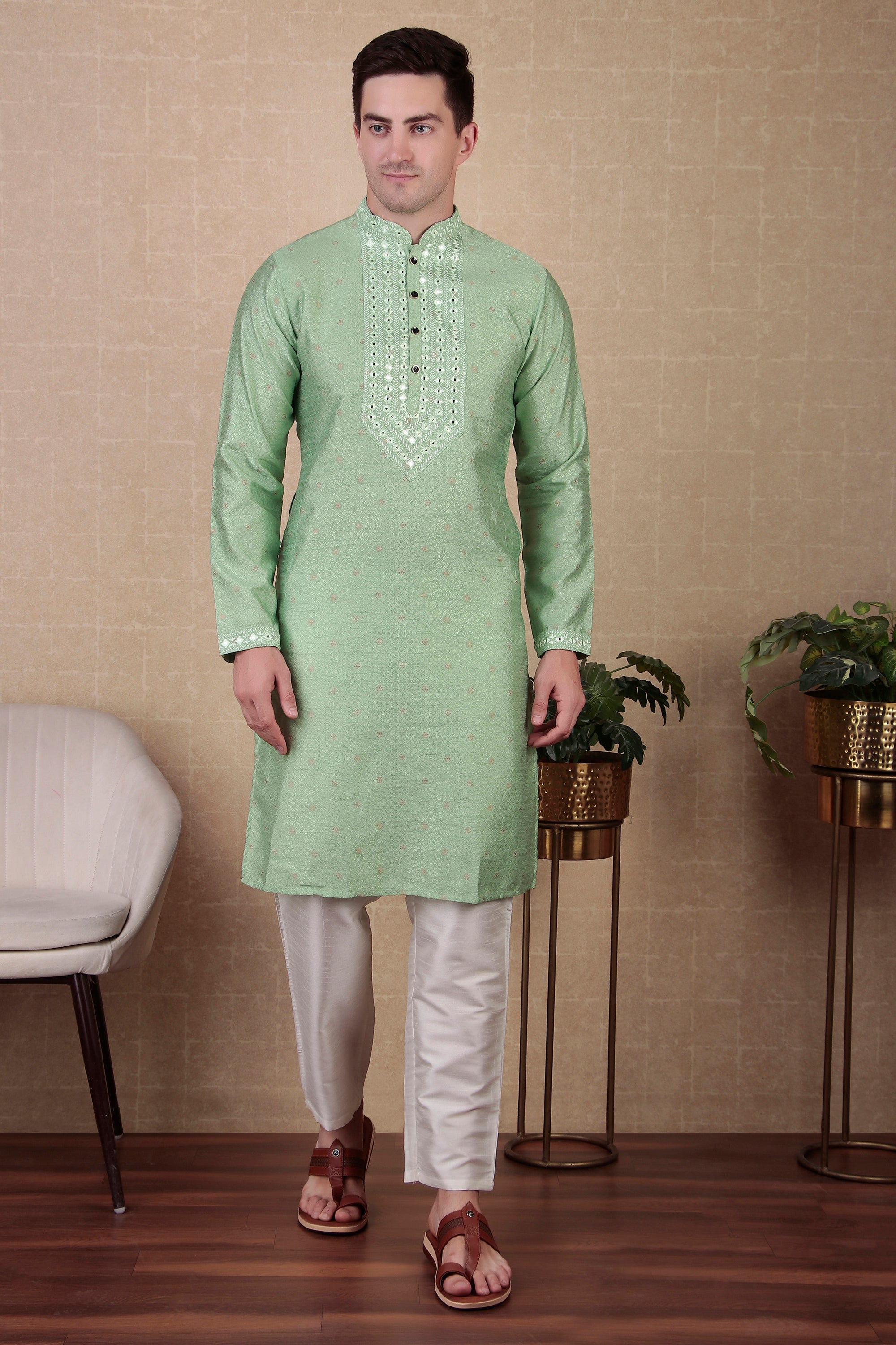Pista Jacquard Silk Kurta Payjama – Soft and Refreshing