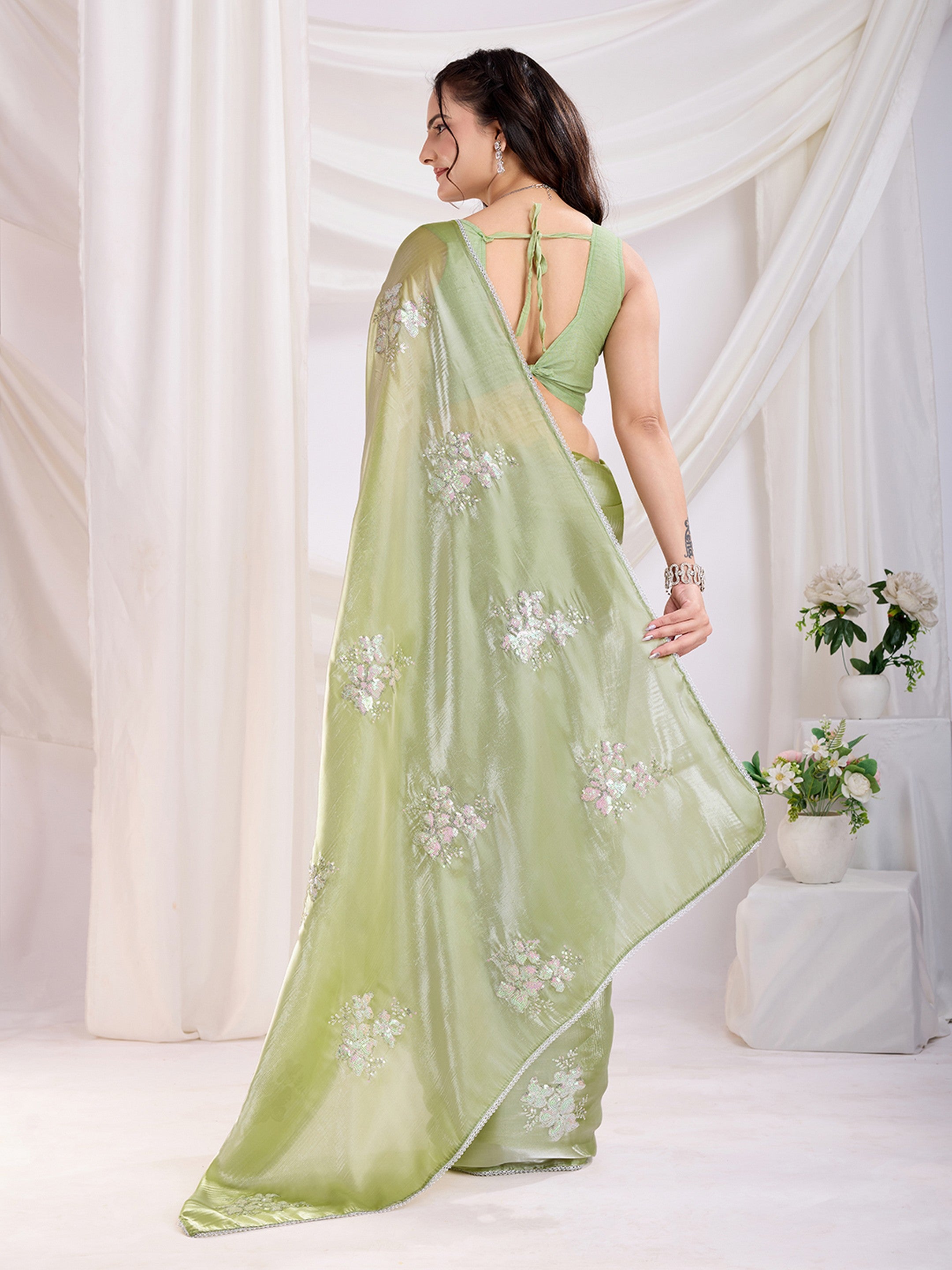 Pista Jimmi Choo Sequins Embroidery Work Ethnic Party Saree