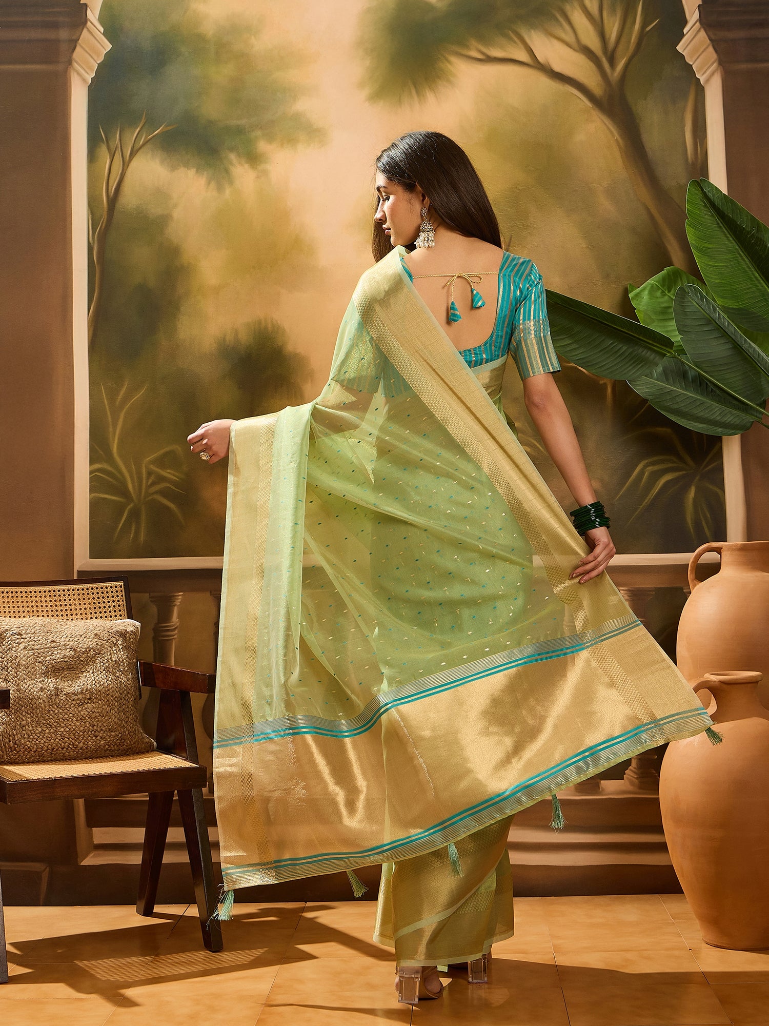 Pista Khadi Organza Woven Jacquard Designer Ethnic Partywear Saree