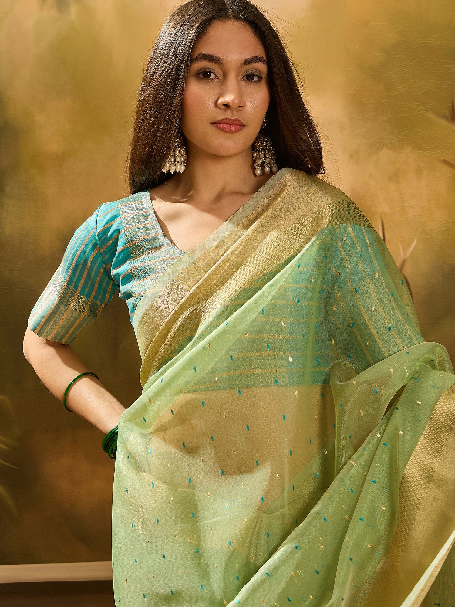 Pista Khadi Organza Woven Jacquard Designer Ethnic Partywear Saree