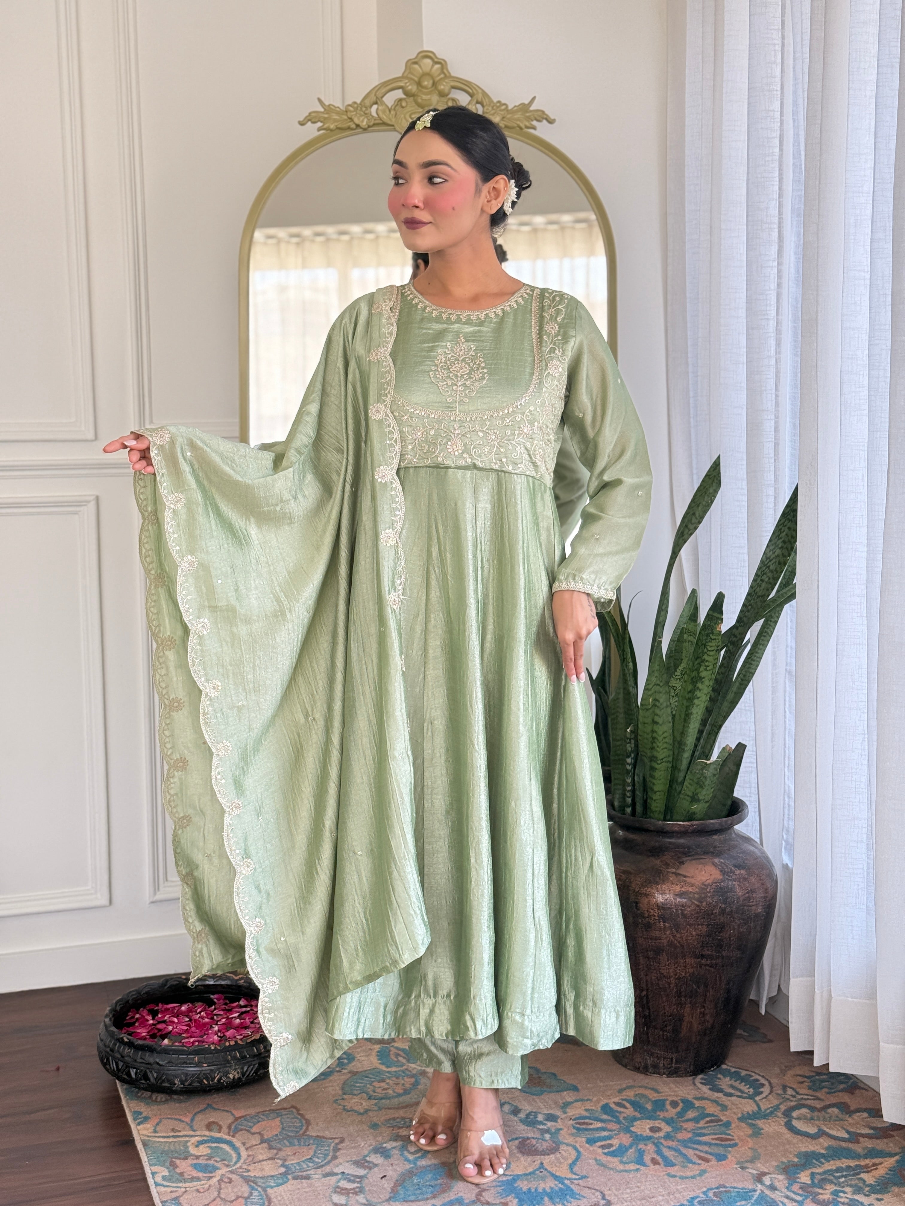 Pista Kurta Pant Set With Heavy Thread Embroidery Sequins Work