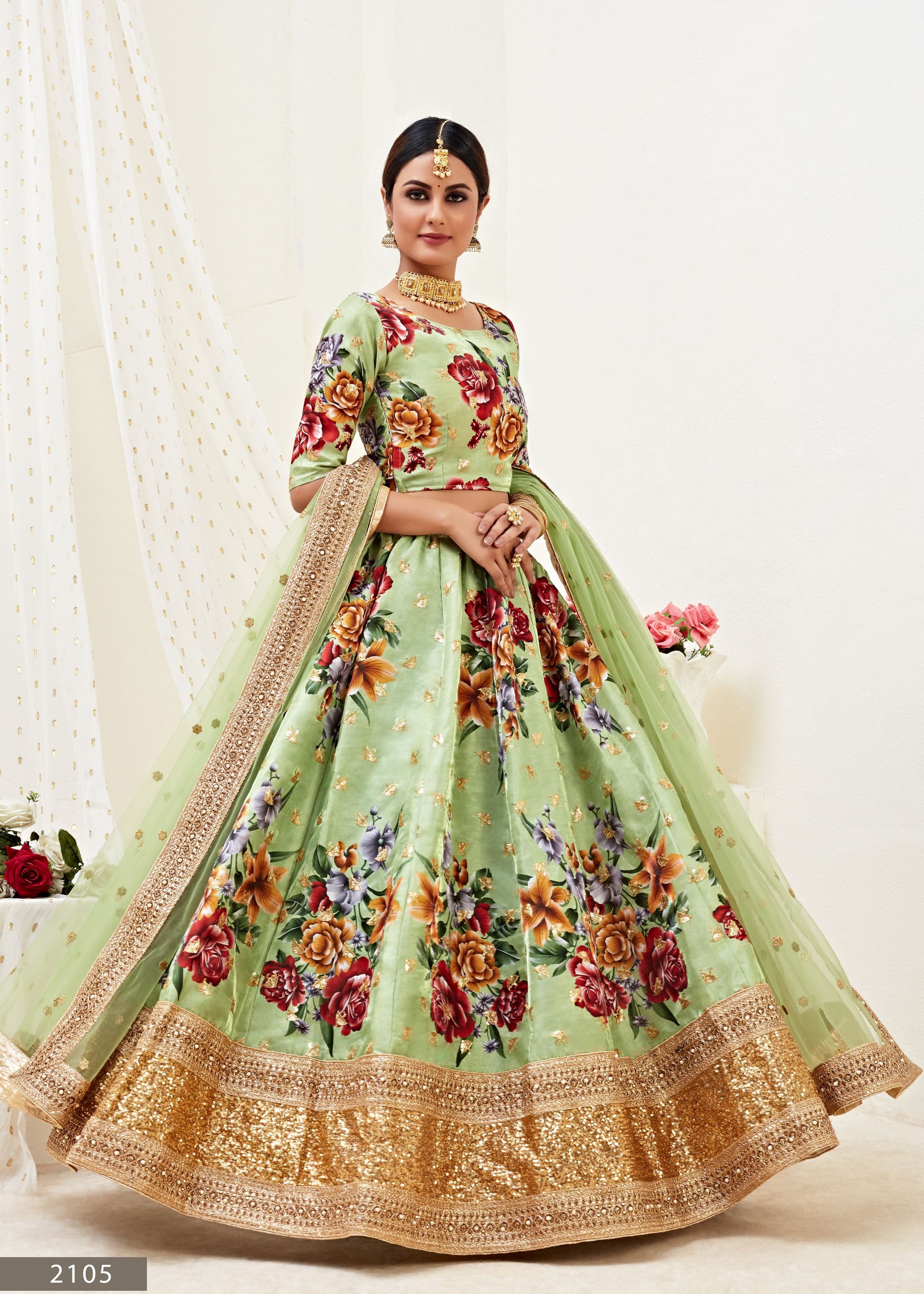 Pista Lehenga Choli With Digital Print With Dori, Sequins Embroidered Border And Pearl Work
