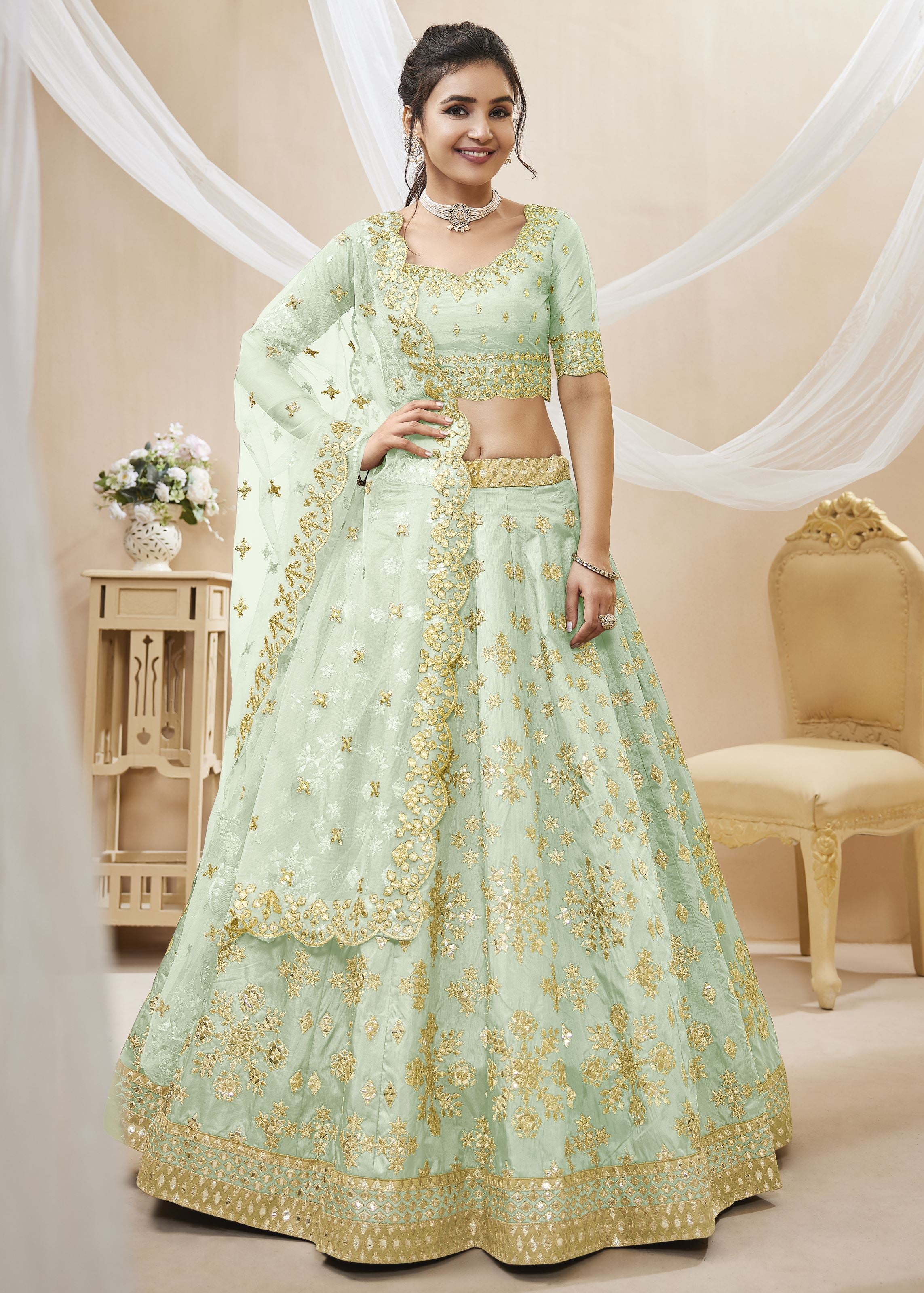 Pista Lehenga Choli With Sequins, Foil & Zari Embroidered Work