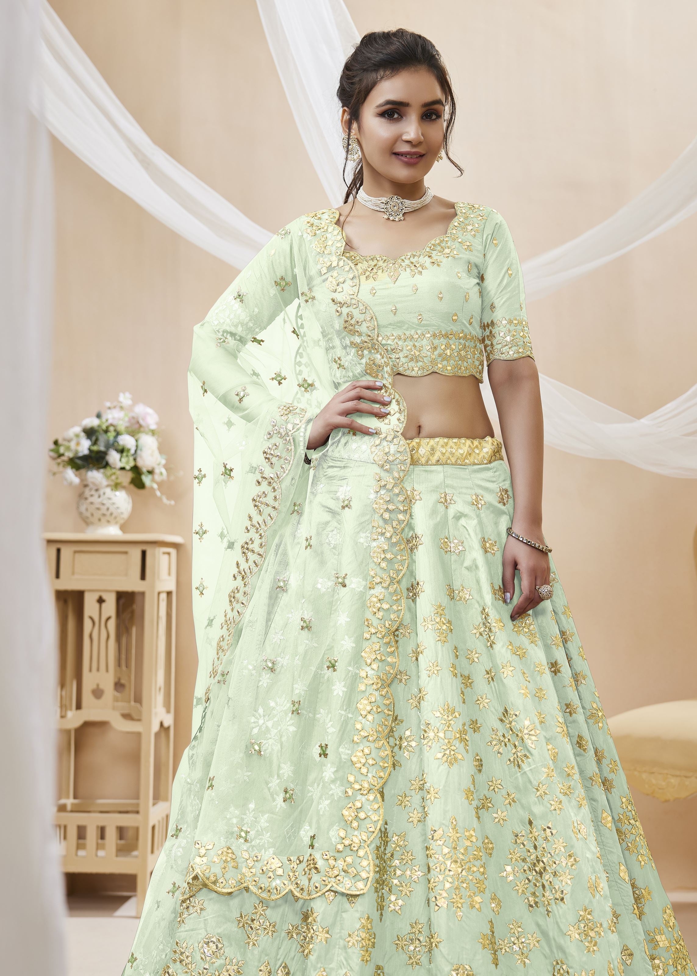 Pista Lehenga Choli With Sequins, Foil & Zari Embroidered Work