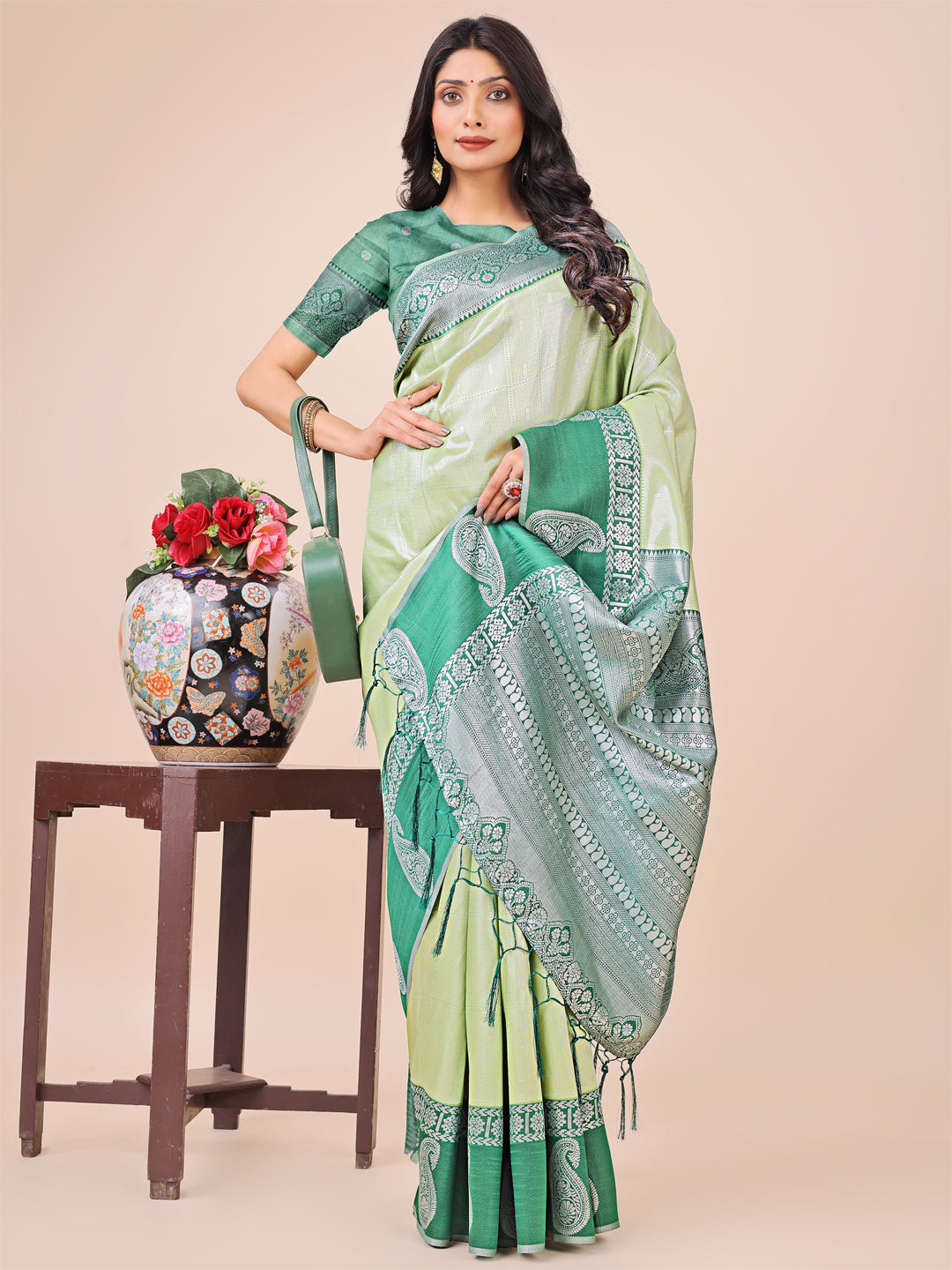 Pista Lichi Silk Woven Designer Festive Graceful Saree