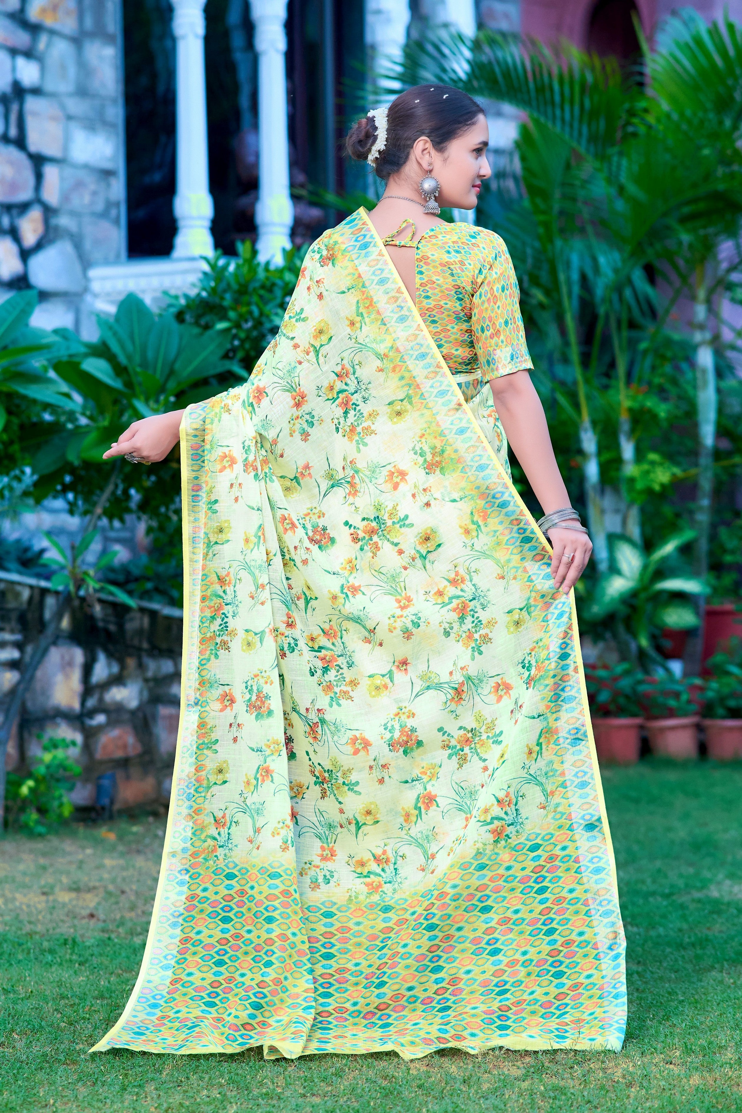 Pista Linen Cotton Designer Printed Ethnic Festive Saree