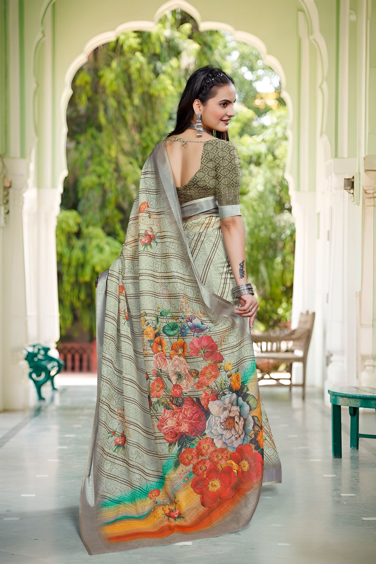 Pista Linen Cotton Woven Border Designer Printed Saree