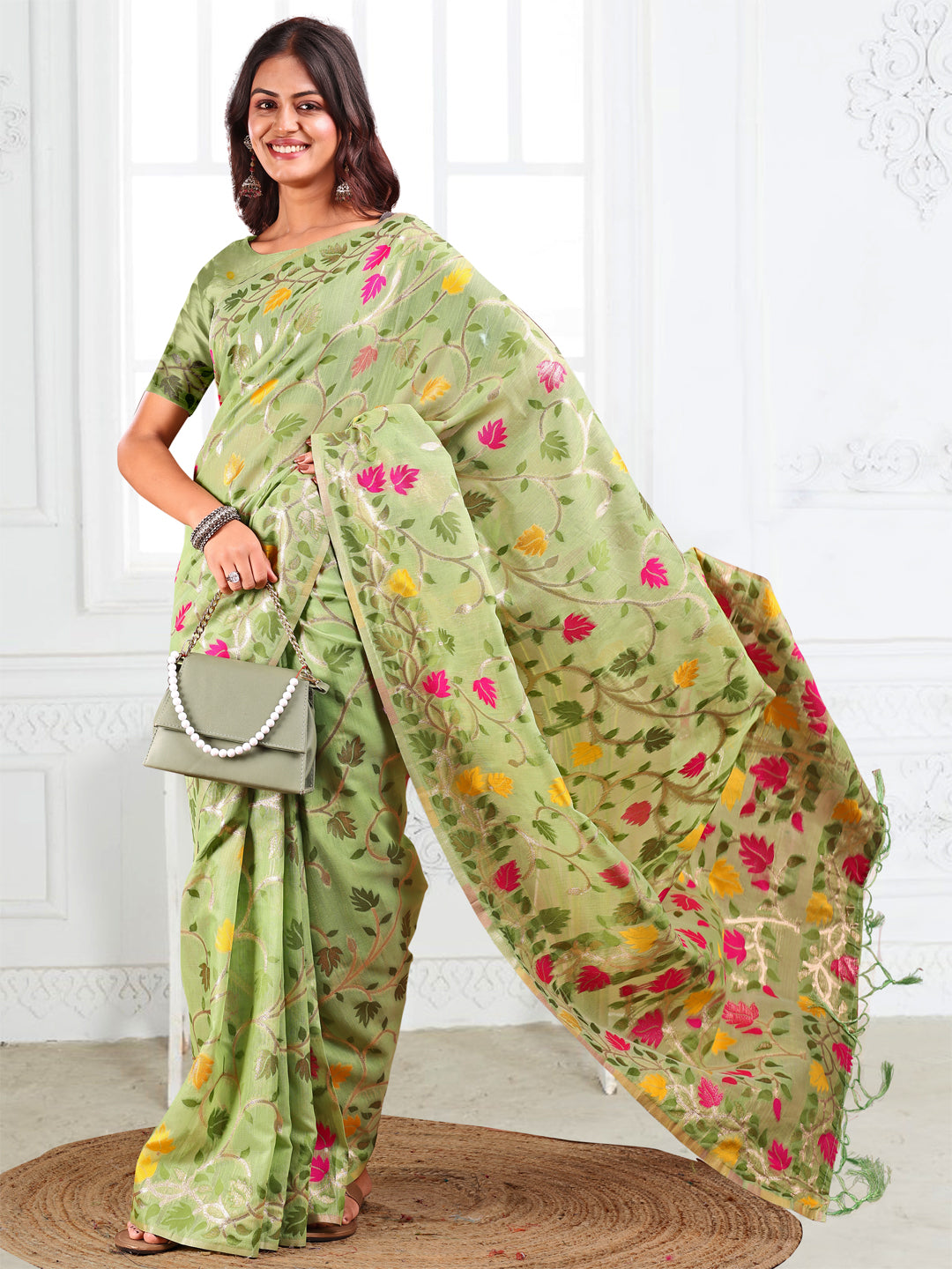 Pista Linen Cotton Woven Jacquard Designer Fancy Saree