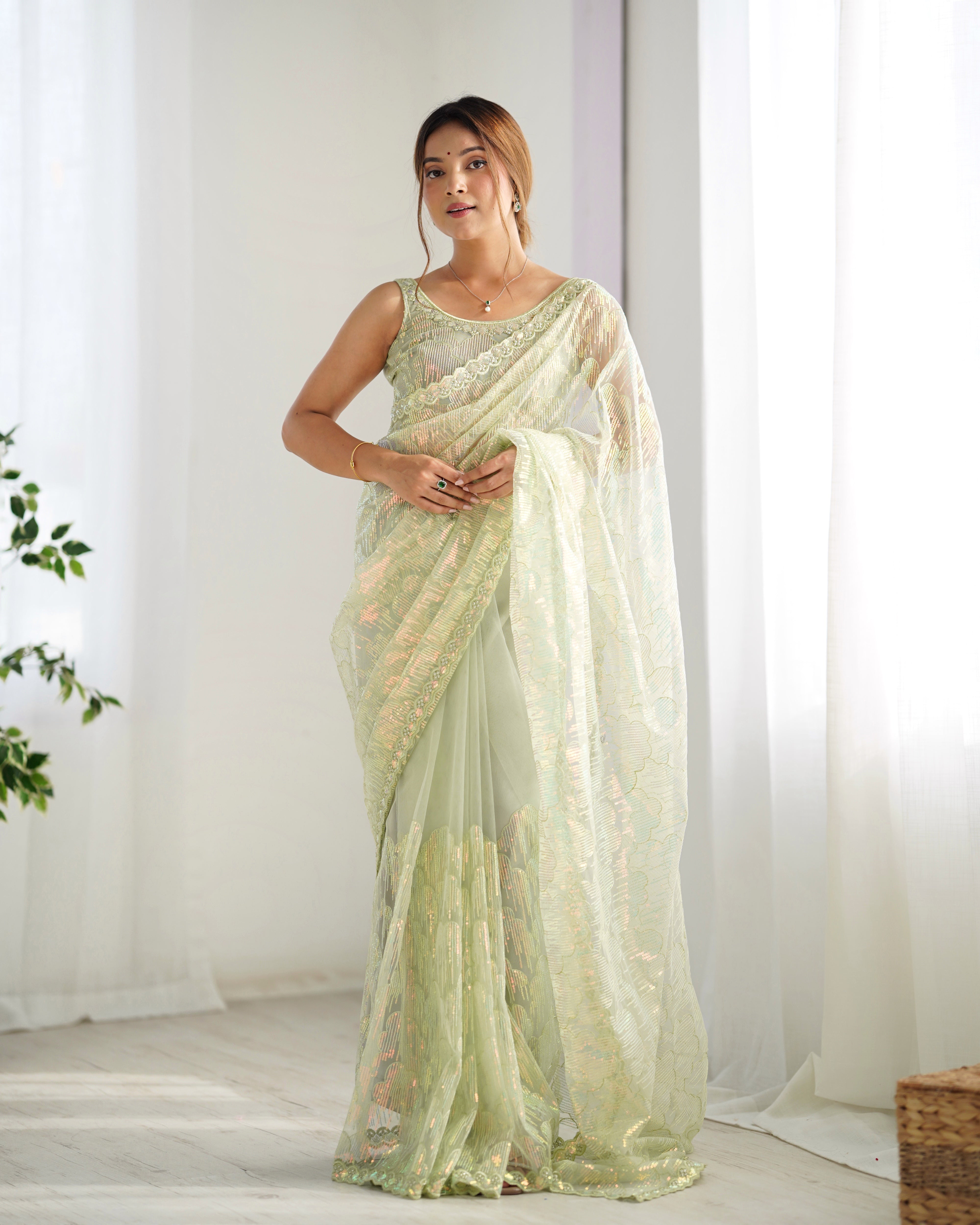 Pista Mono Net Beautiful Bollywood Saree With Designer Sequins Work