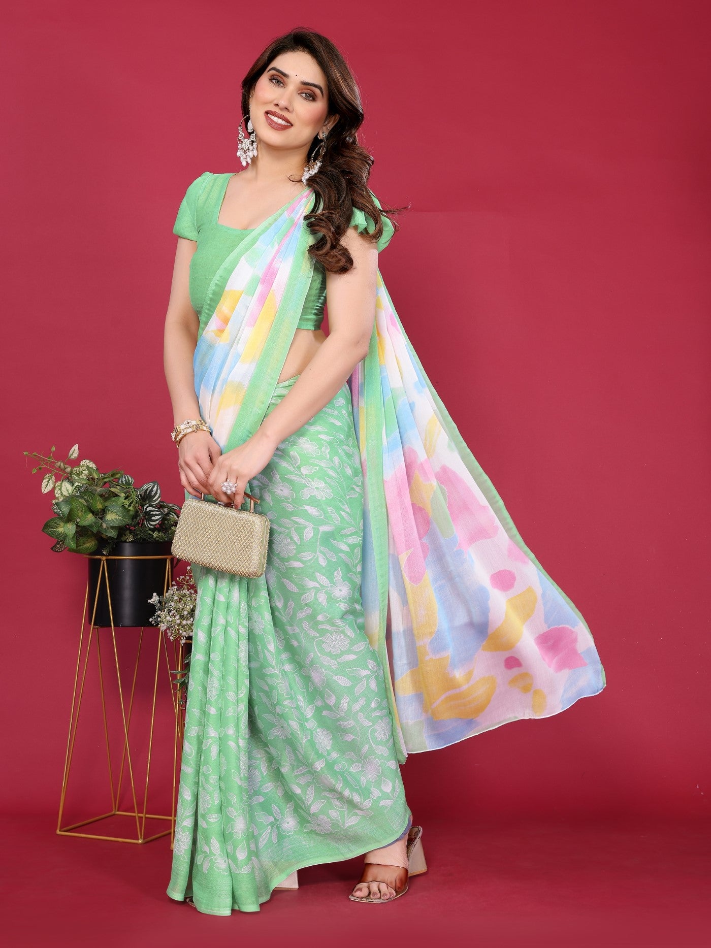 Pista Moss Chiffon Saree With Elegant Printed Design