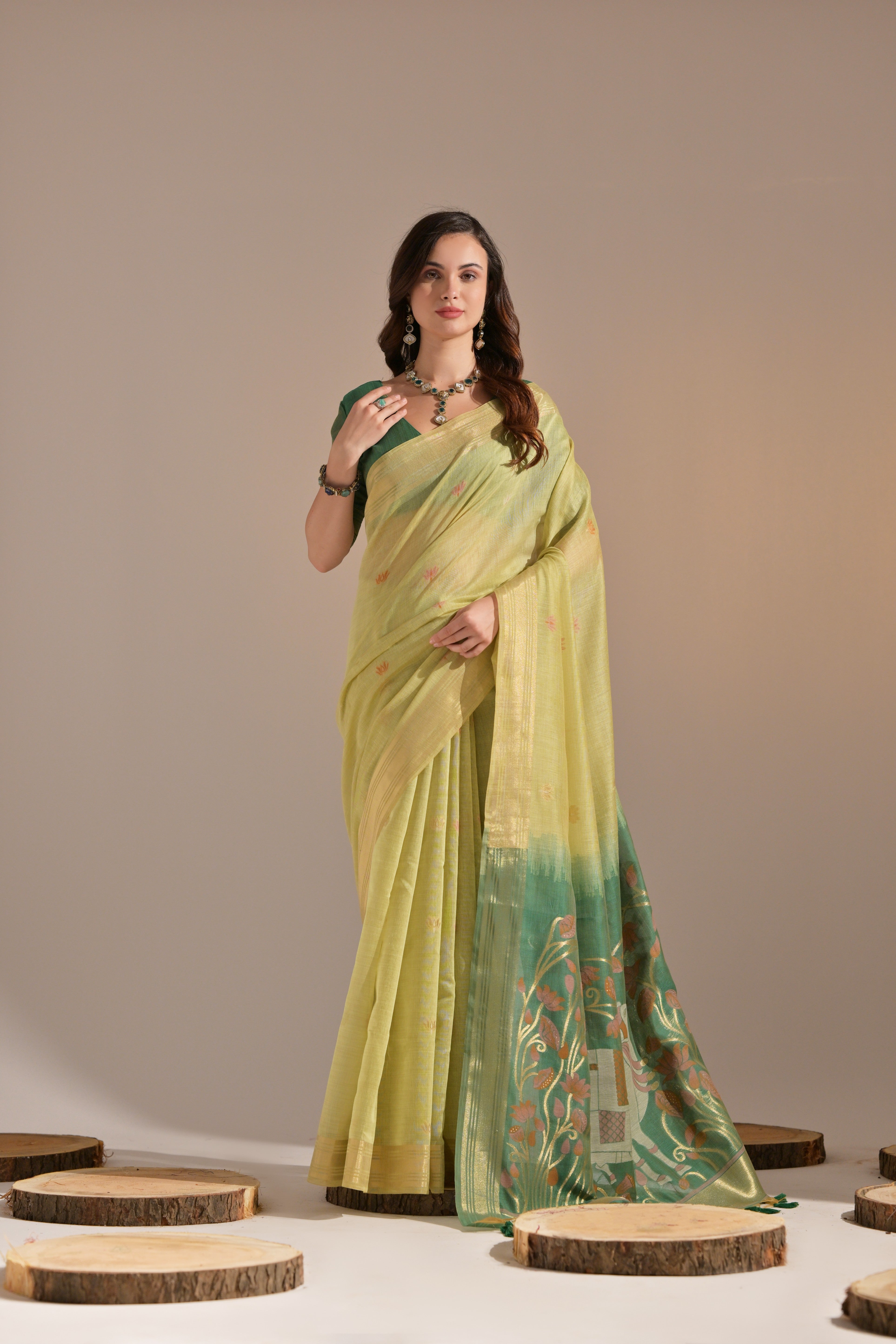 Pista Muga Cotton Saree with Cow Design and Butti Weaves