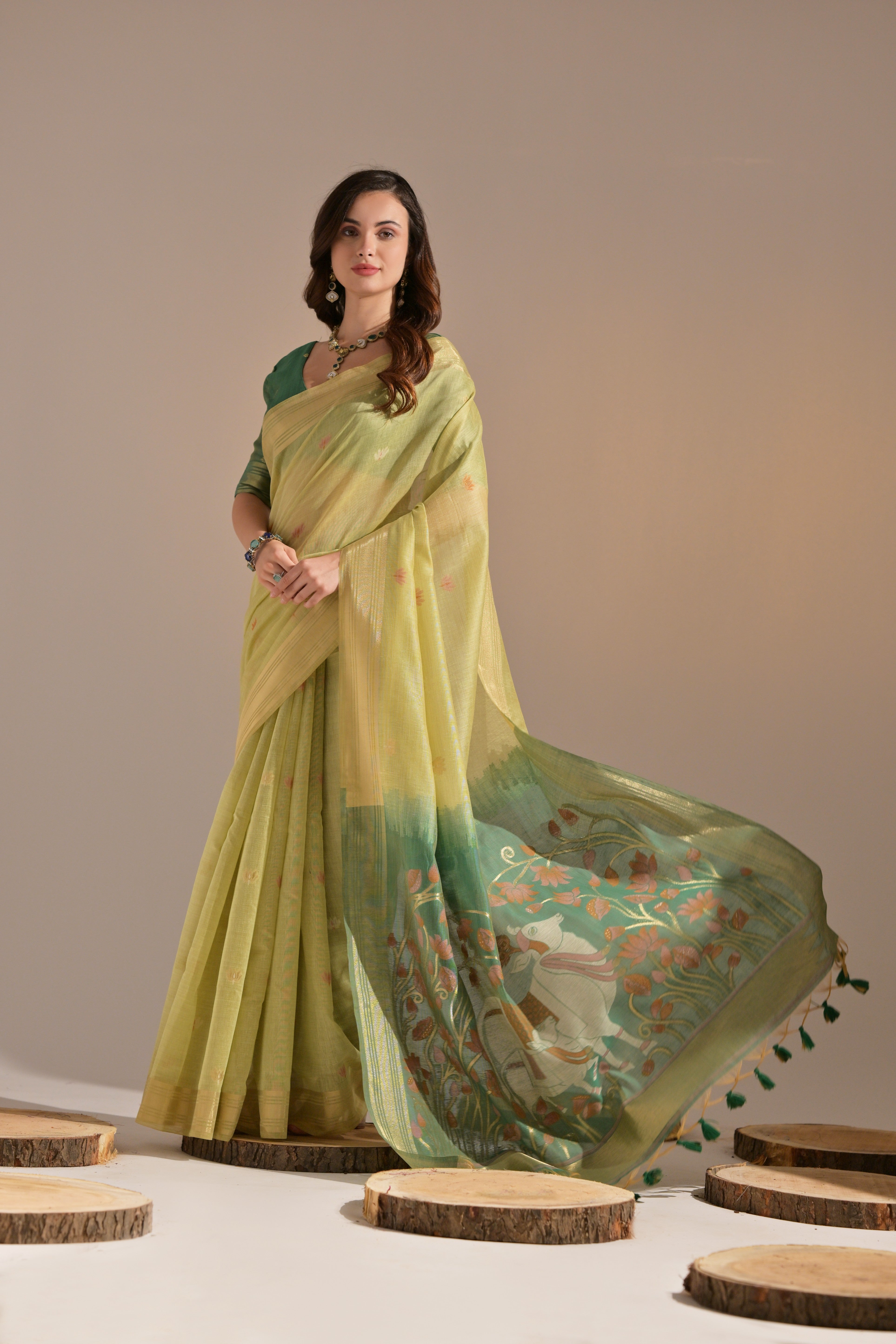 Pista Muga Cotton Saree with Cow Design and Butti Weaves