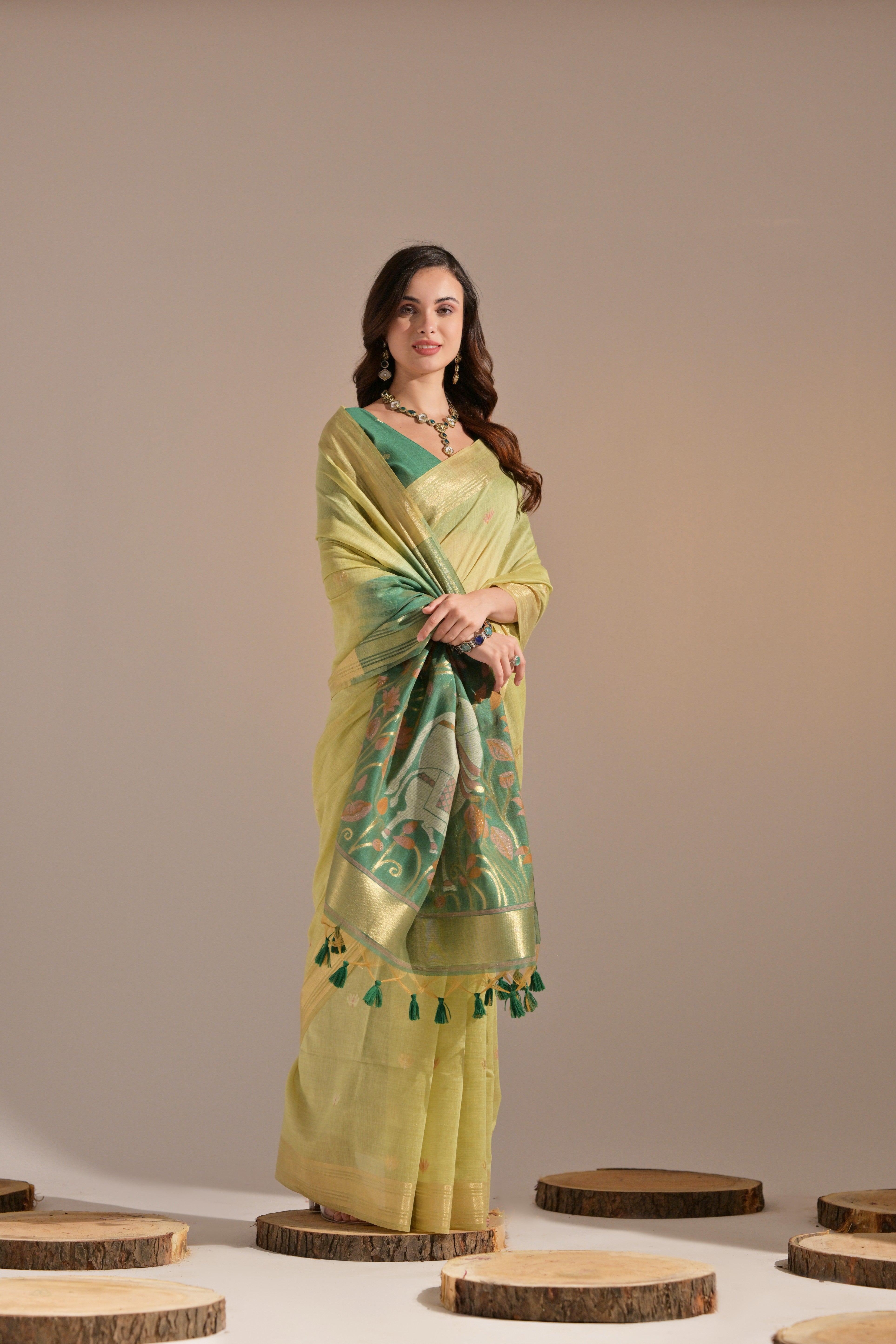 Pista Muga Cotton Saree with Cow Design and Butti Weaves