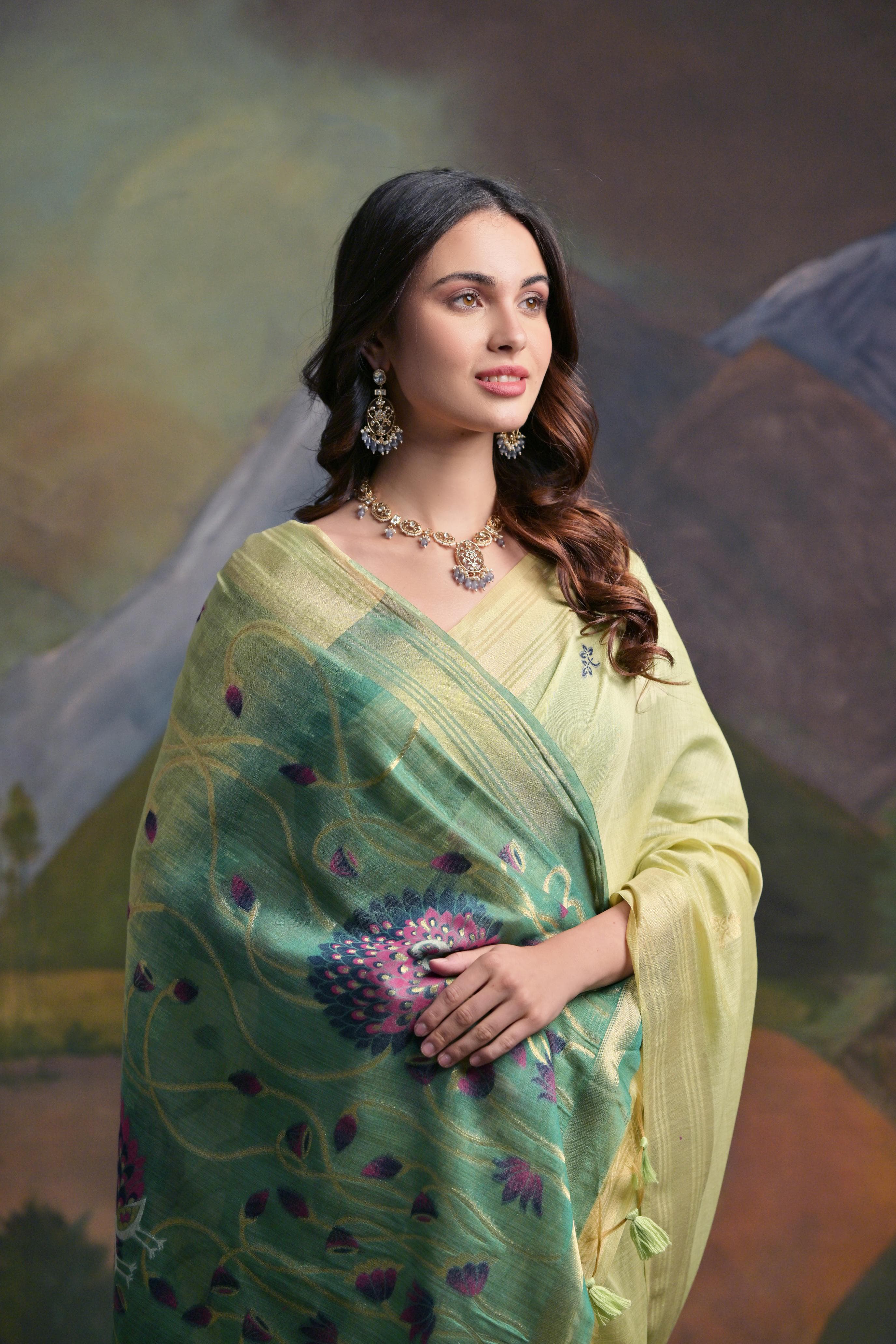 Pista Muga Cotton Saree with Peacock Pallu and Butti Weaves