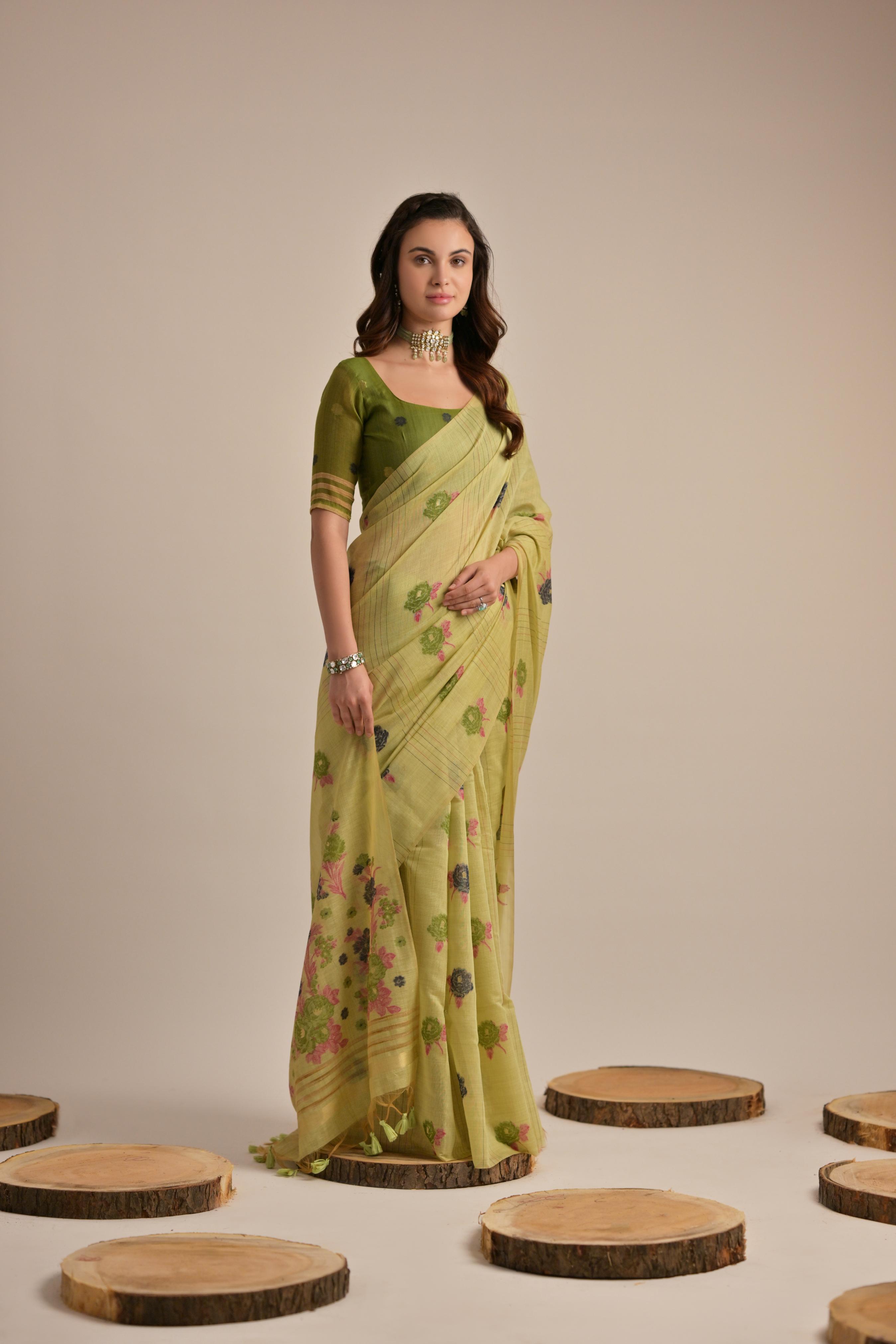 Pista Muga Cotton Saree with Thread Woven Flower Design