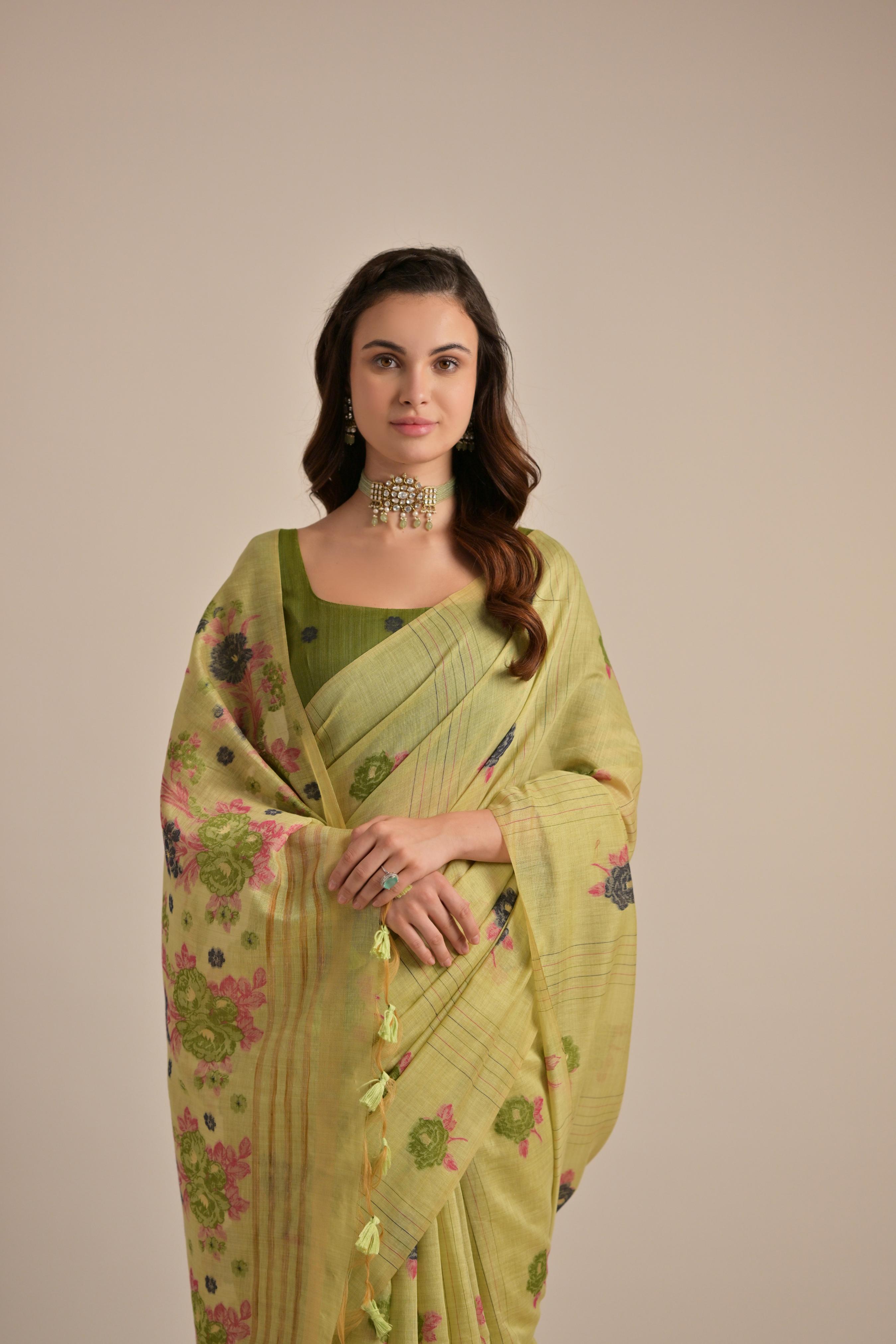 Pista Muga Cotton Saree with Thread Woven Flower Design