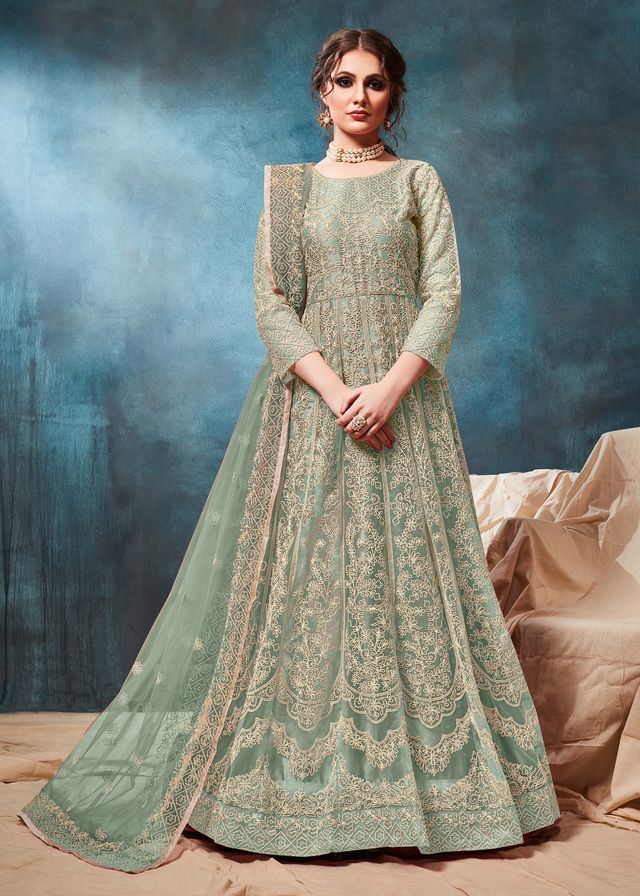 Pista Net Embroidered Anarkali Suits