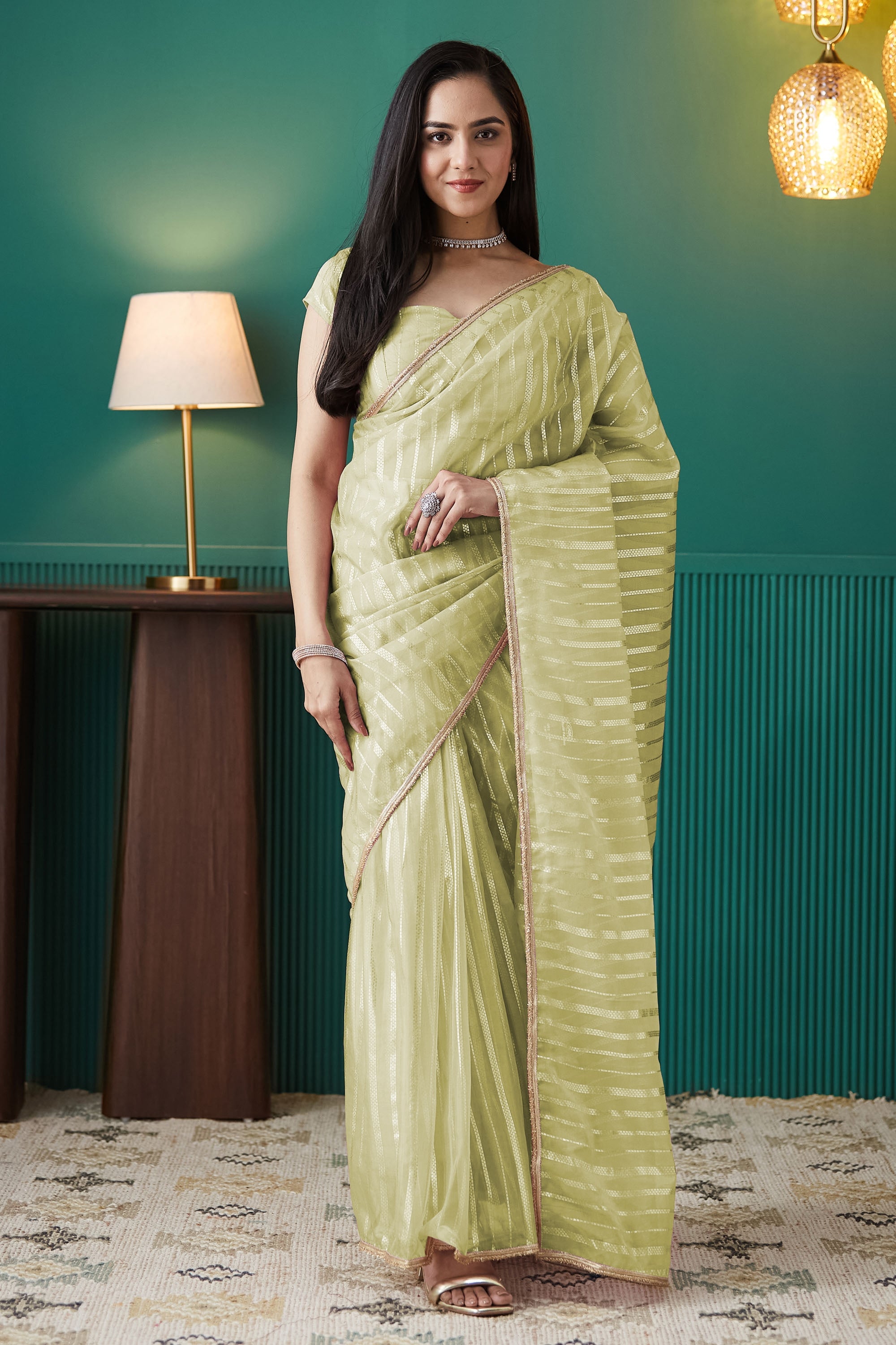 Pista Organza Designer Foil Printed Ready To Wear Saree