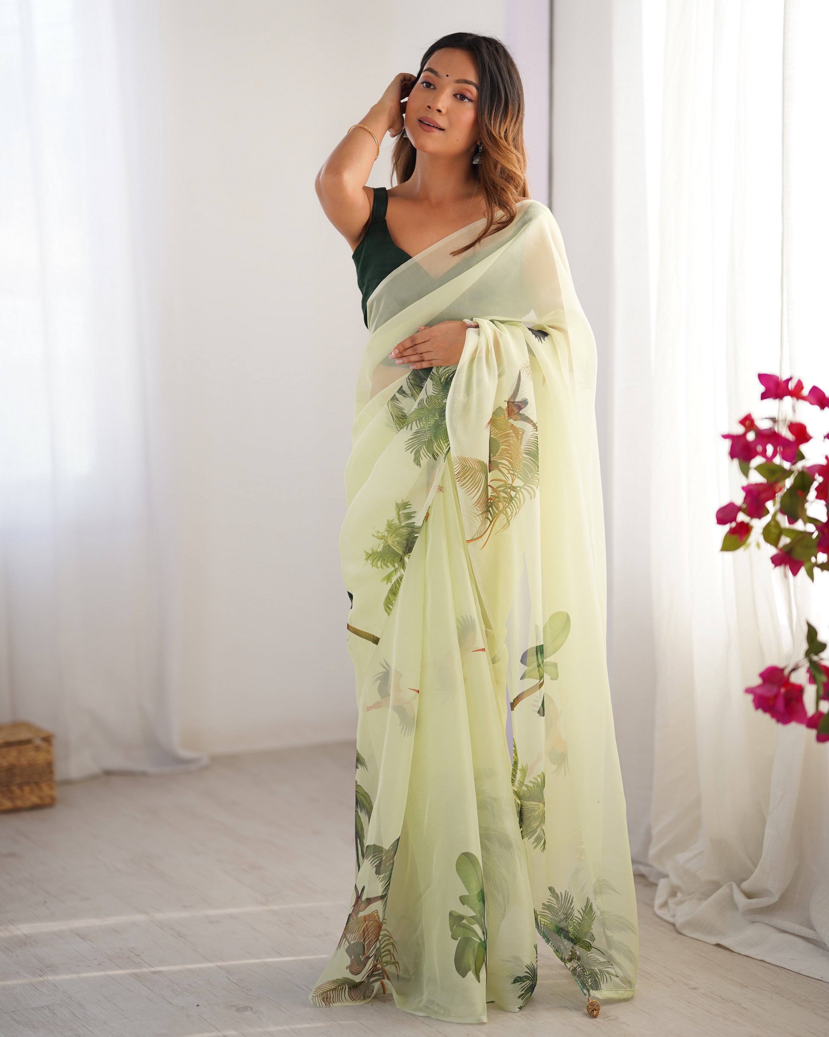 Pista Organza Designer Printed Fancy Partywear Saree