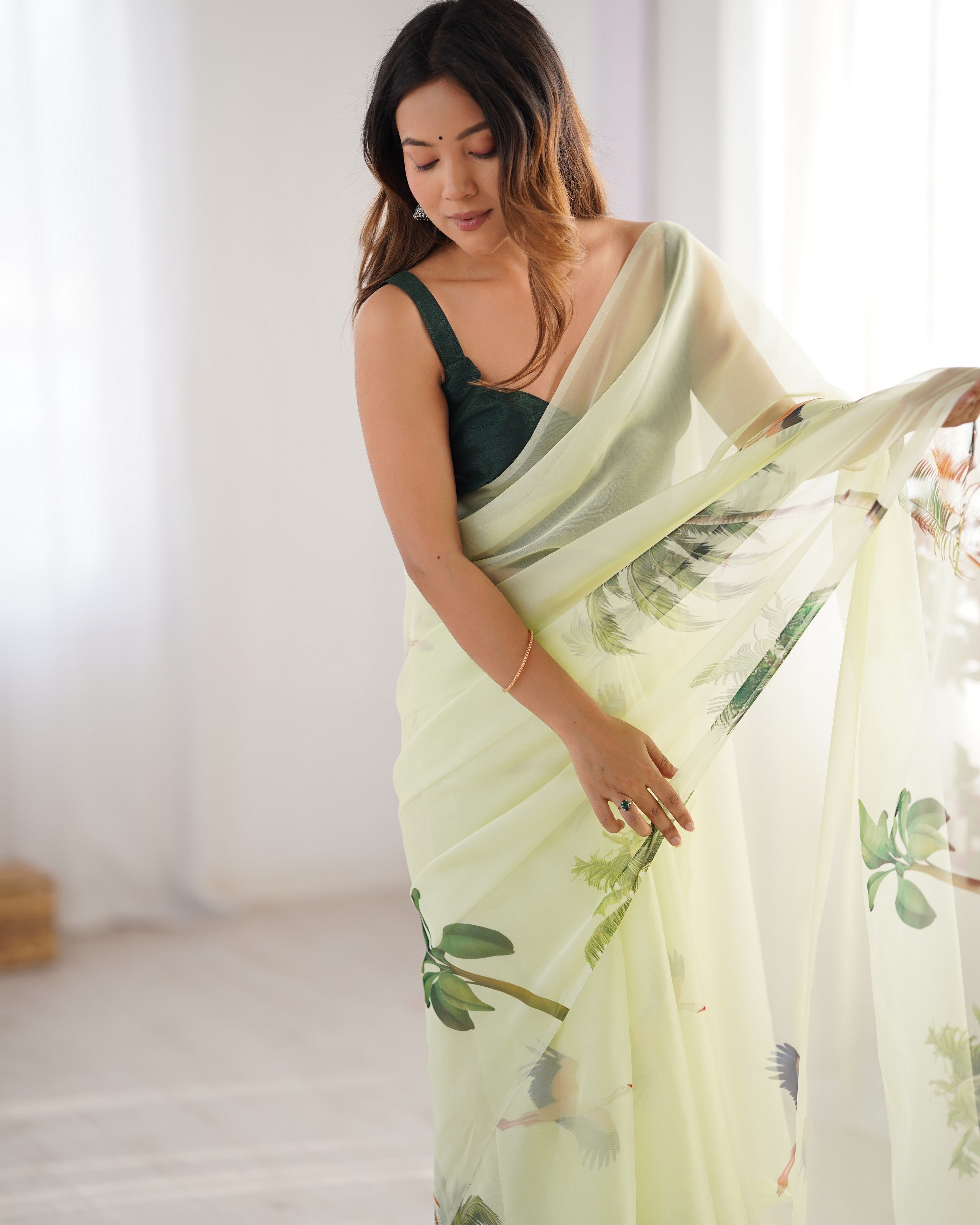 Pista Organza Designer Printed Fancy Partywear Saree