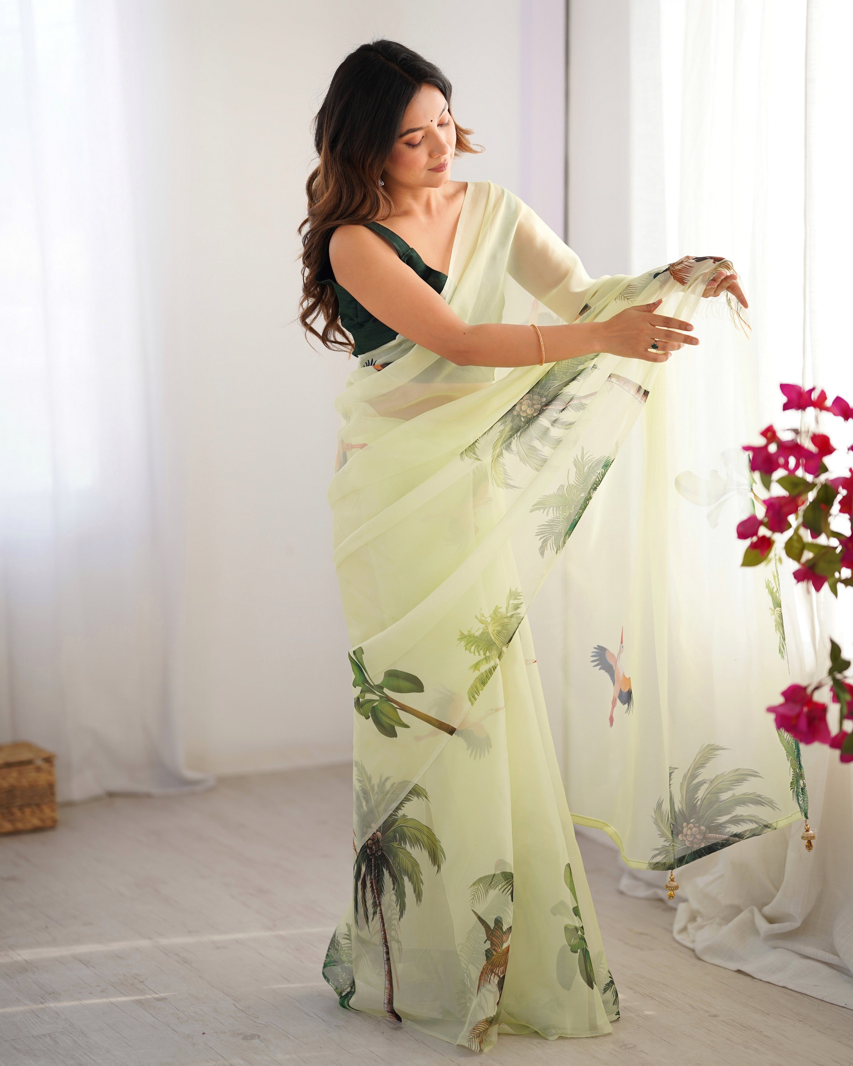 Pista Organza Designer Printed Fancy Partywear Saree