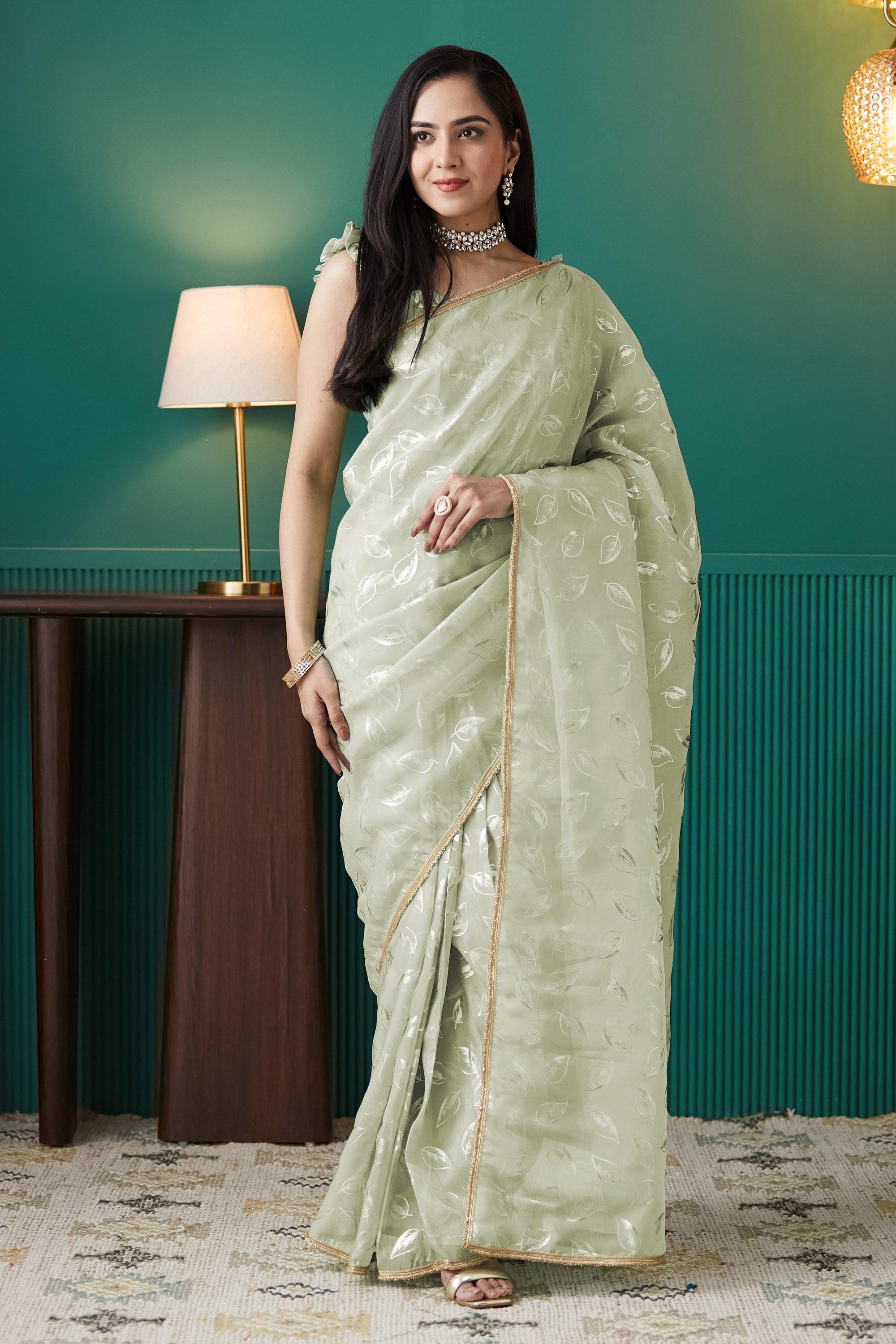 Pista Organza Solid Designer Foil Printed Saree