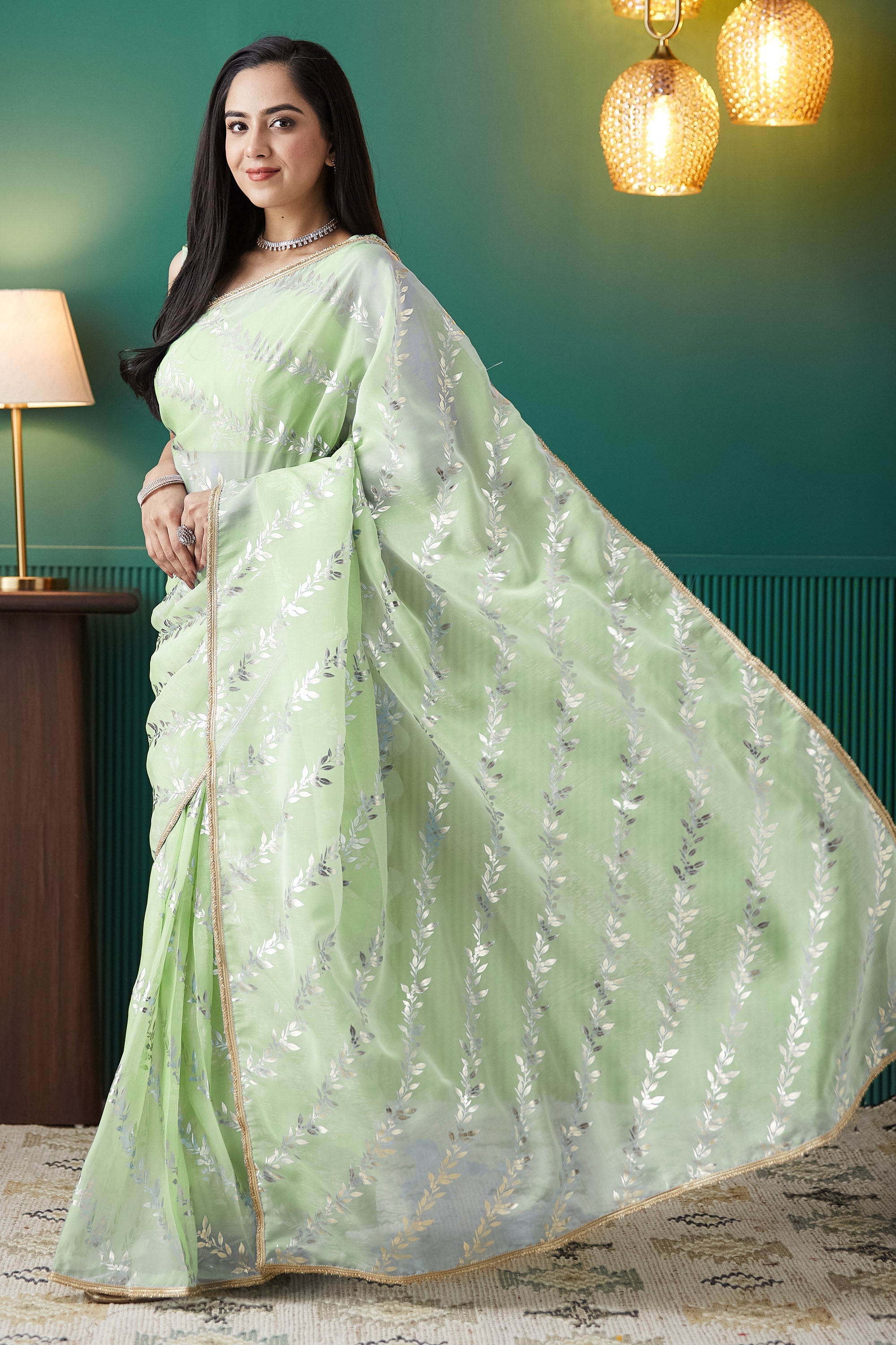 Pista Organza Solid Designer Foil Printed Saree