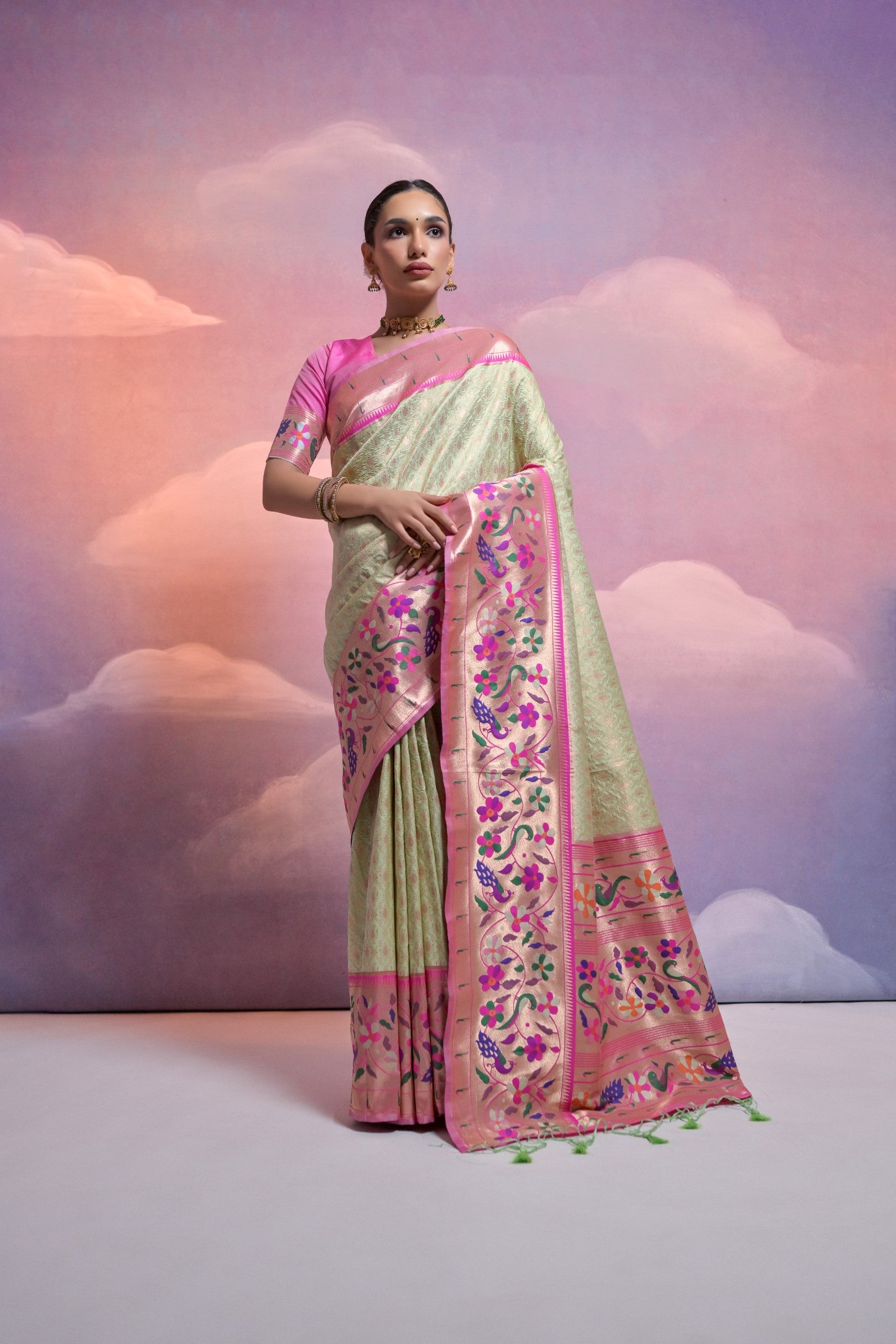 Pista Paithani Silk Saree with Meenakari Border and Zari Weaves