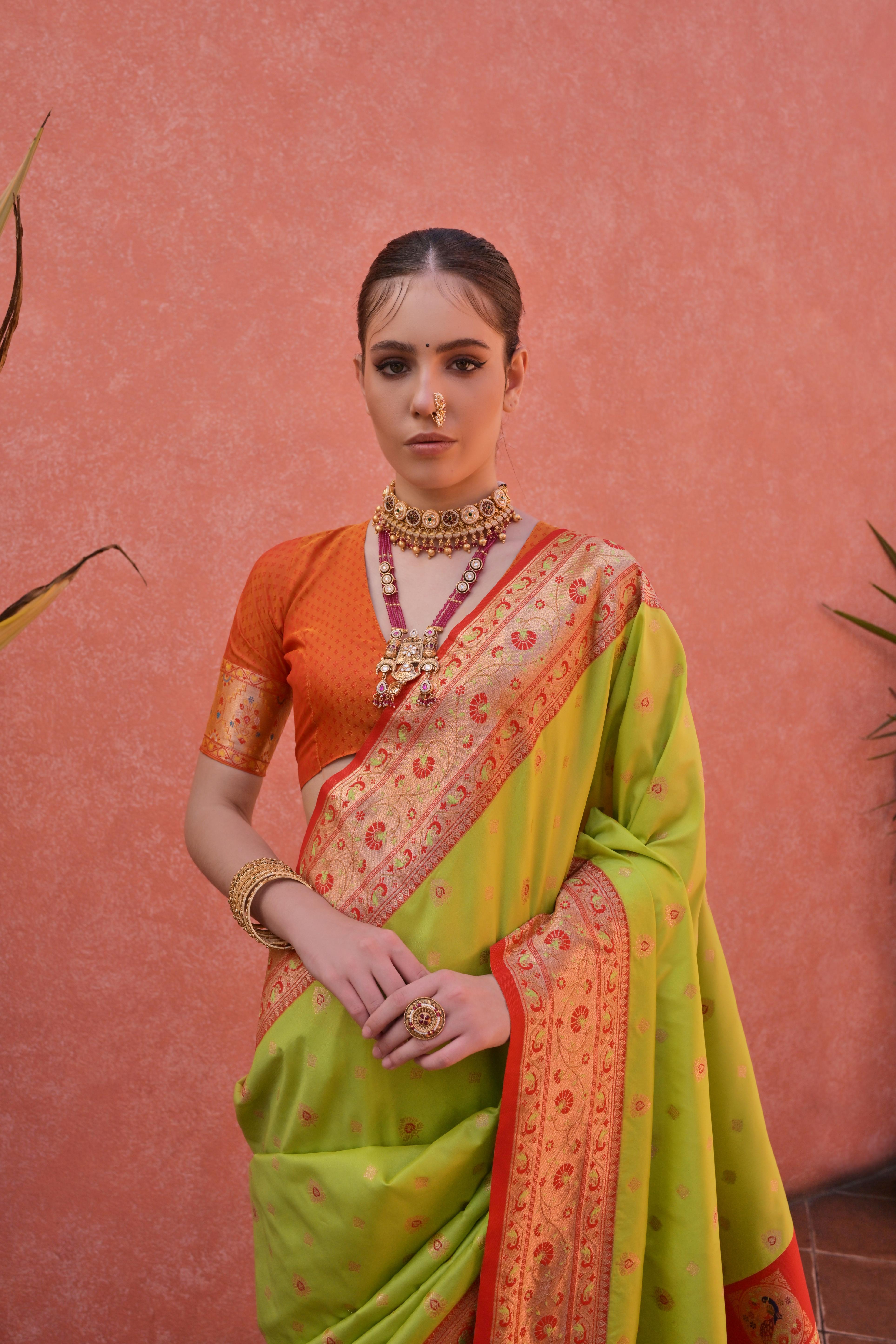 Pista Paithani Silk Saree with Paithani Pallu and Zari Butti