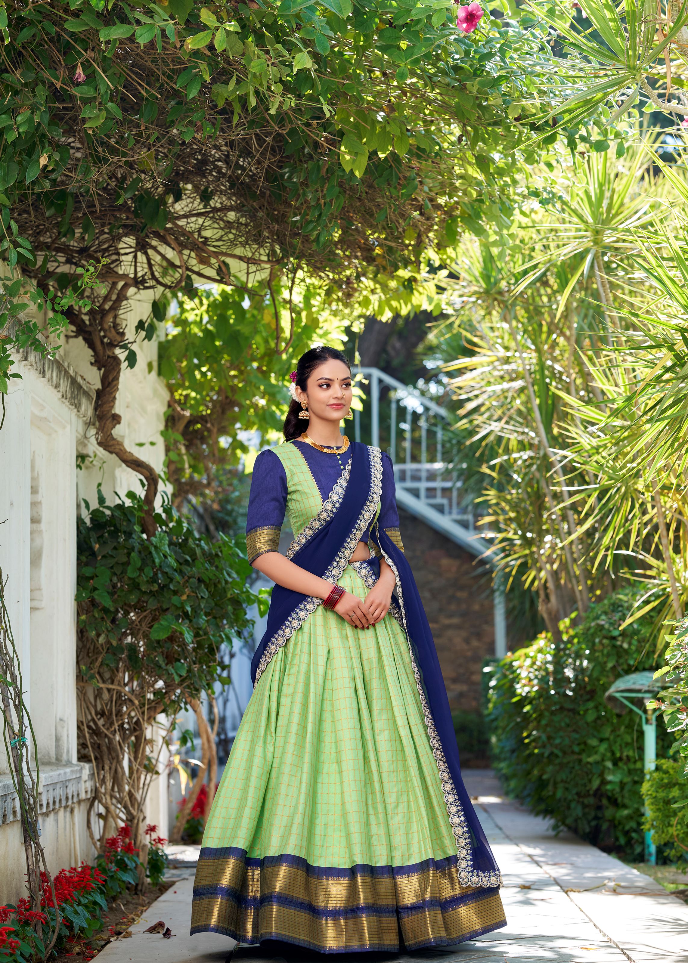 Pista Perfection Chex Pattern Zari Weaving Lehenga That Blends Elegance With Tradition