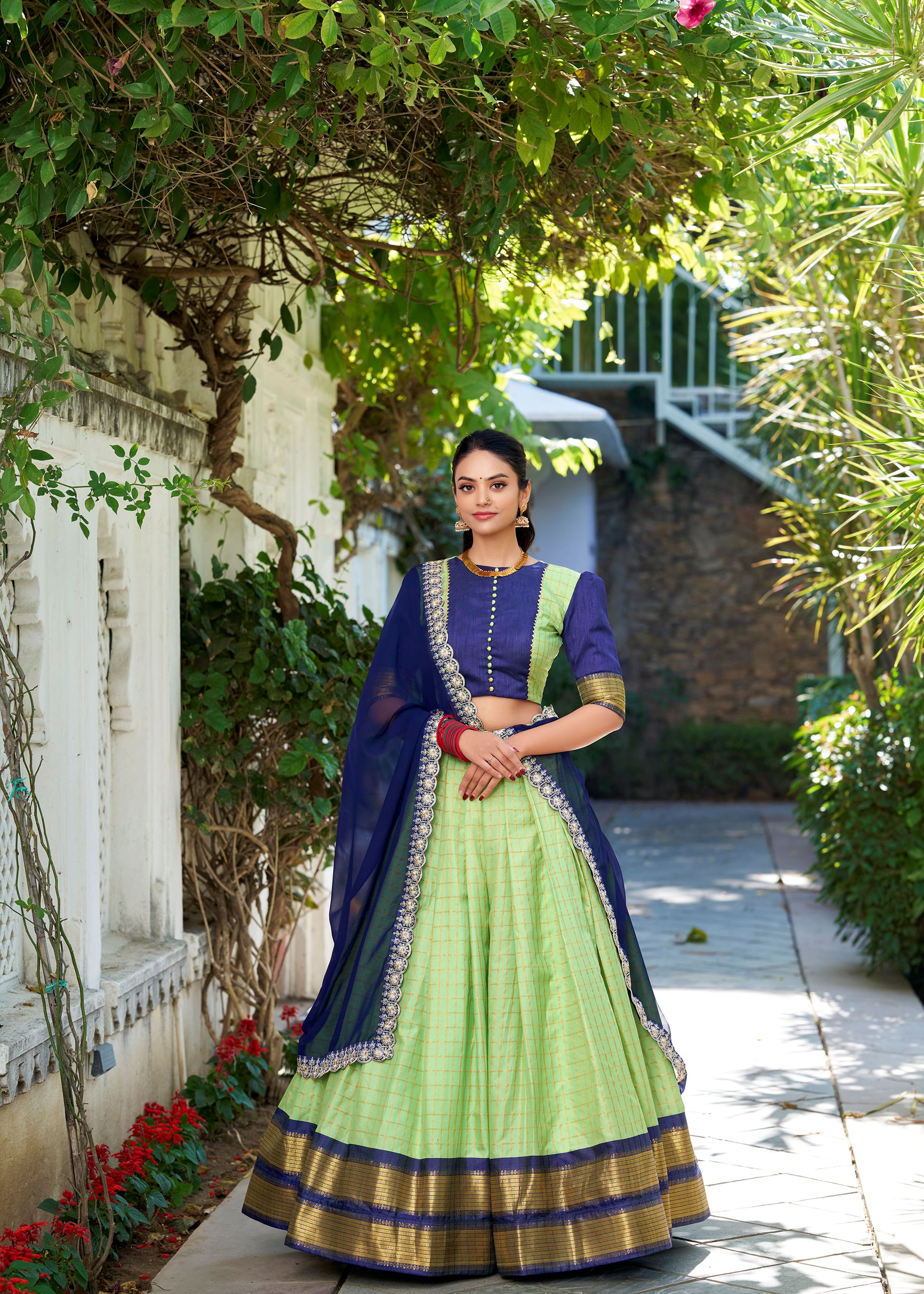 Pista Perfection Chex Pattern Zari Weaving Lehenga That Blends Elegance With Tradition