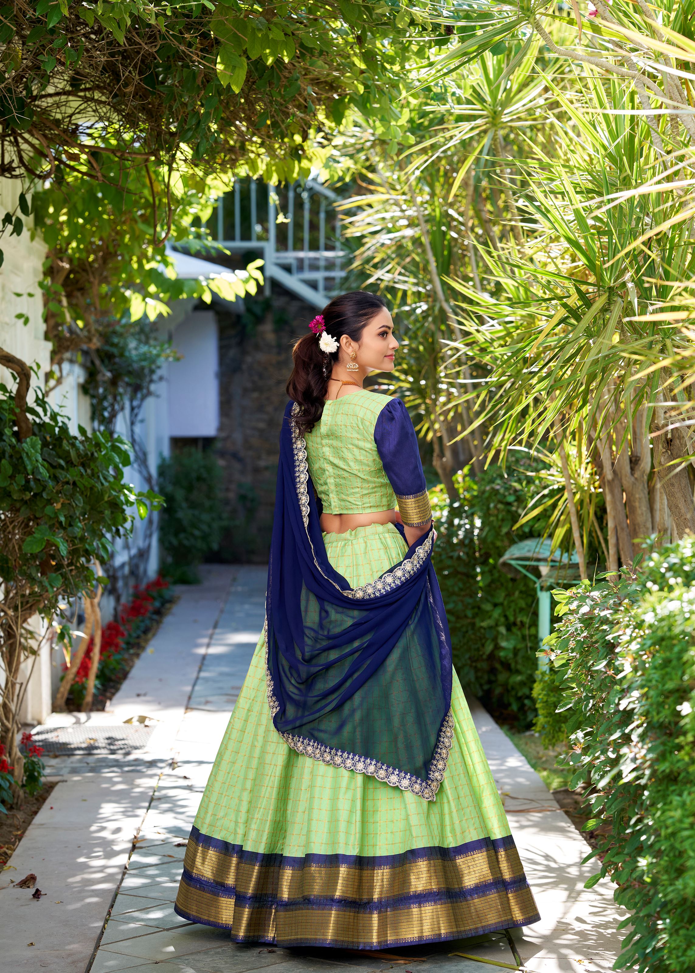 Pista Perfection Chex Pattern Zari Weaving Lehenga That Blends Elegance With Tradition