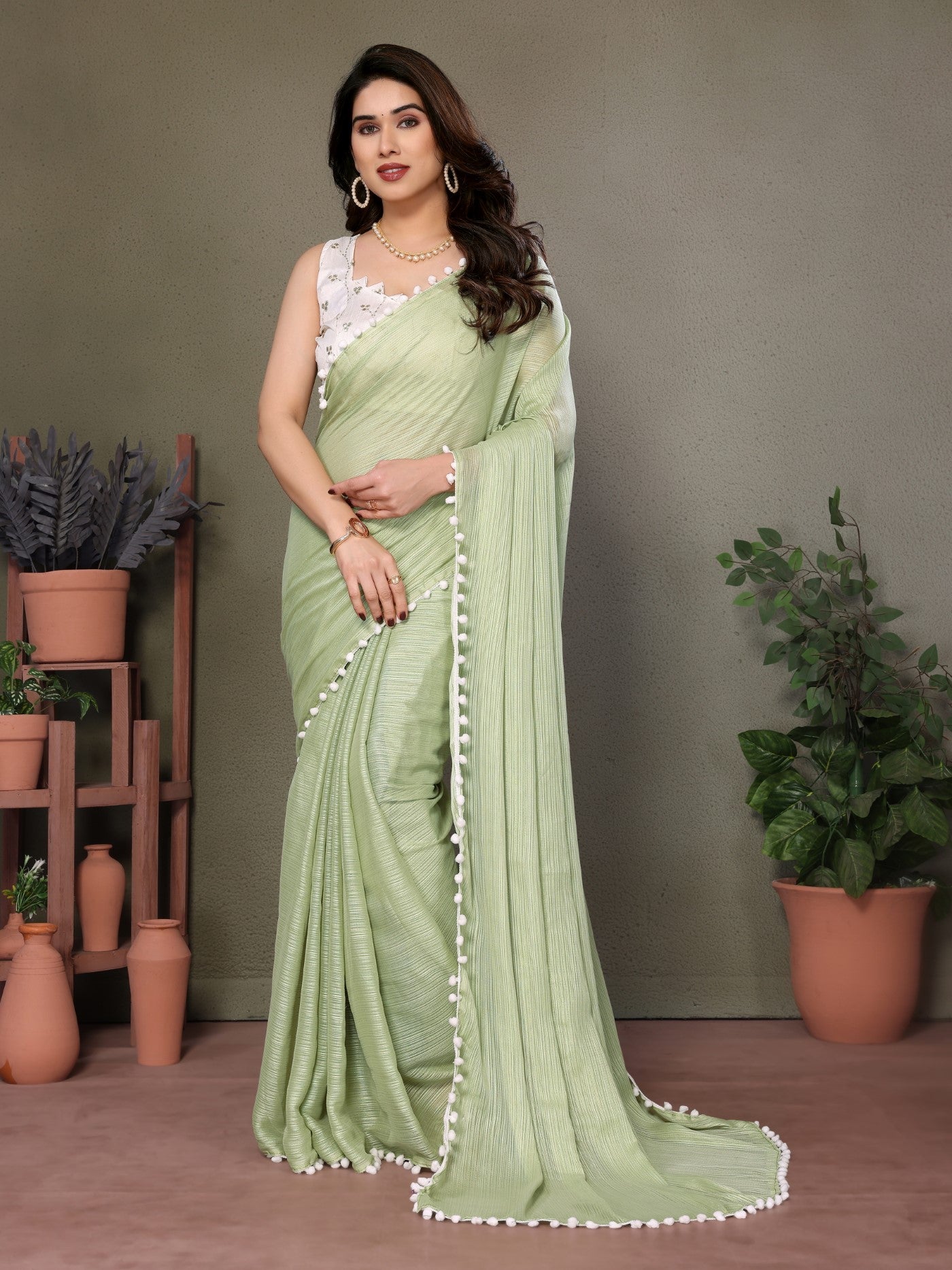 Pista Polyester Zari Saree With Plain Saree With Embroidery Work Blouse And Pum Pum Lace