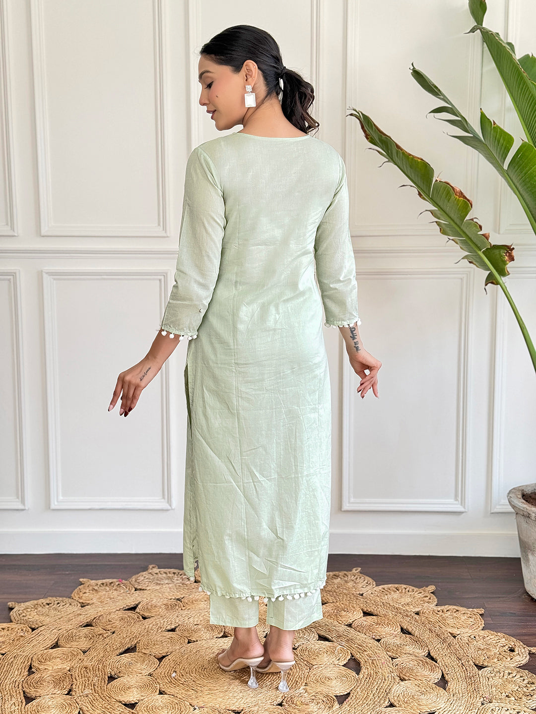 Pista Pure Cotton Elegant Kurta Pant Set With Chikankari Work