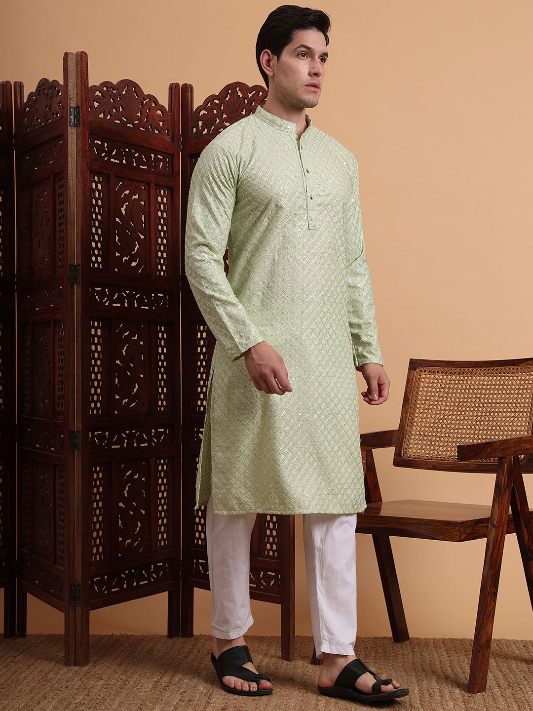 Pista Rayon Chikankari Embroidered Traditional Kurta Pajama