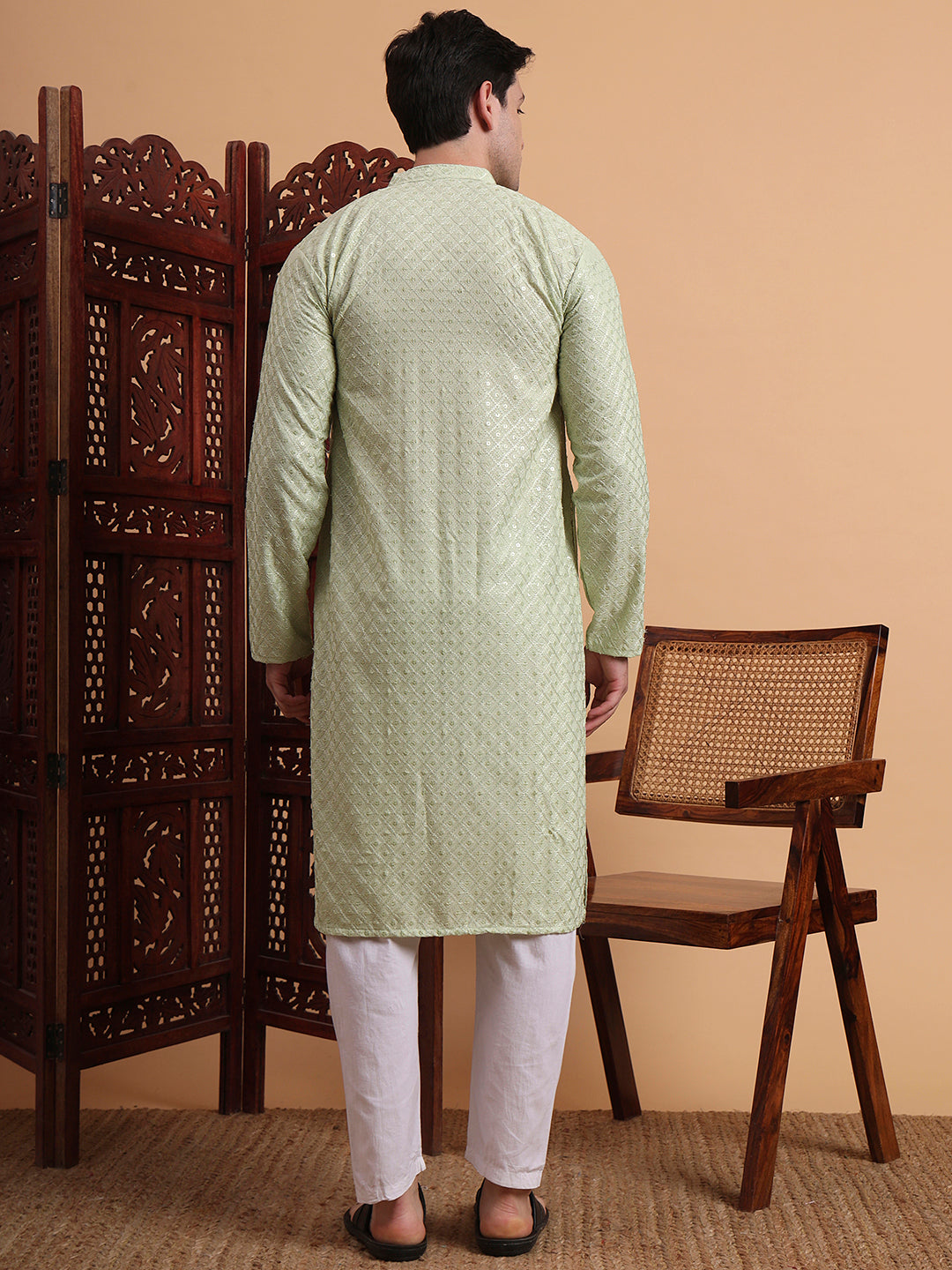 Pista Rayon Chikankari Embroidered Traditional Kurta Pajama