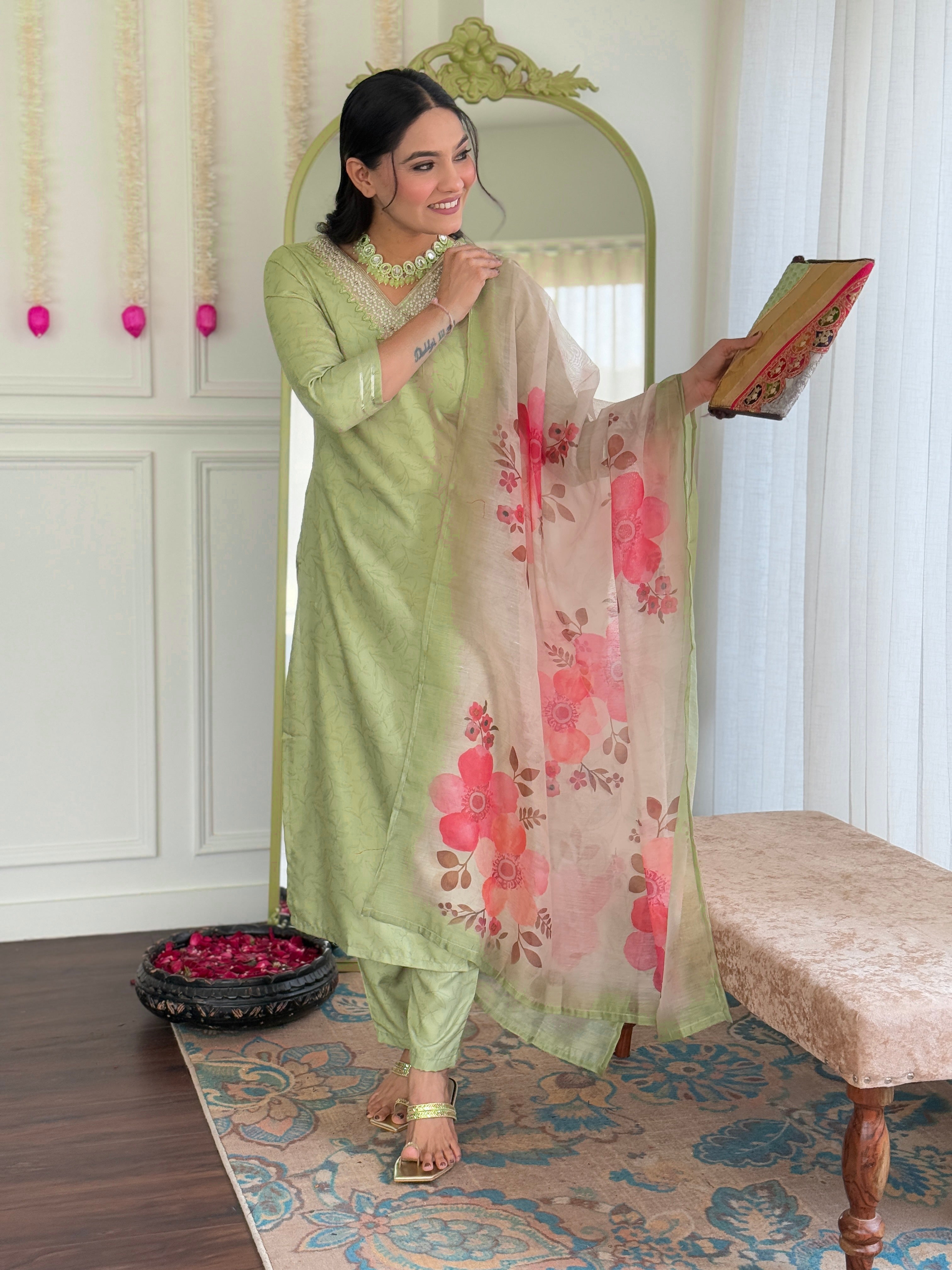 Pista Rayon Elegant Kurta Pant Set With Embroidery Work
