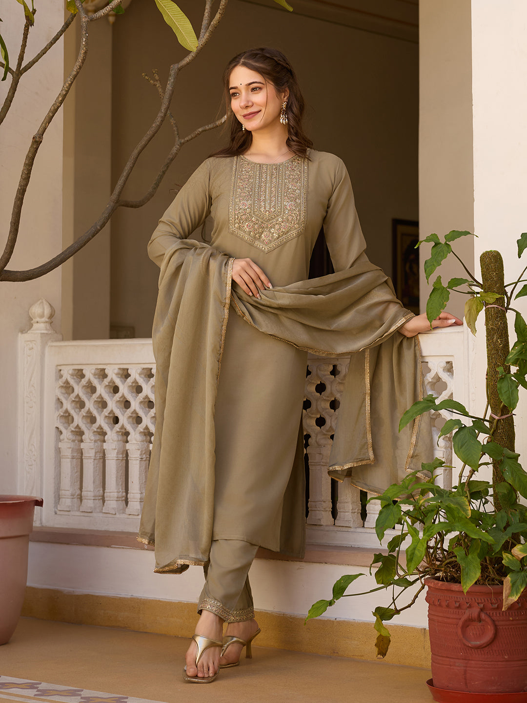 Pista Rayon Kurta Pant Set With Thread Embroidered With Sequins Work