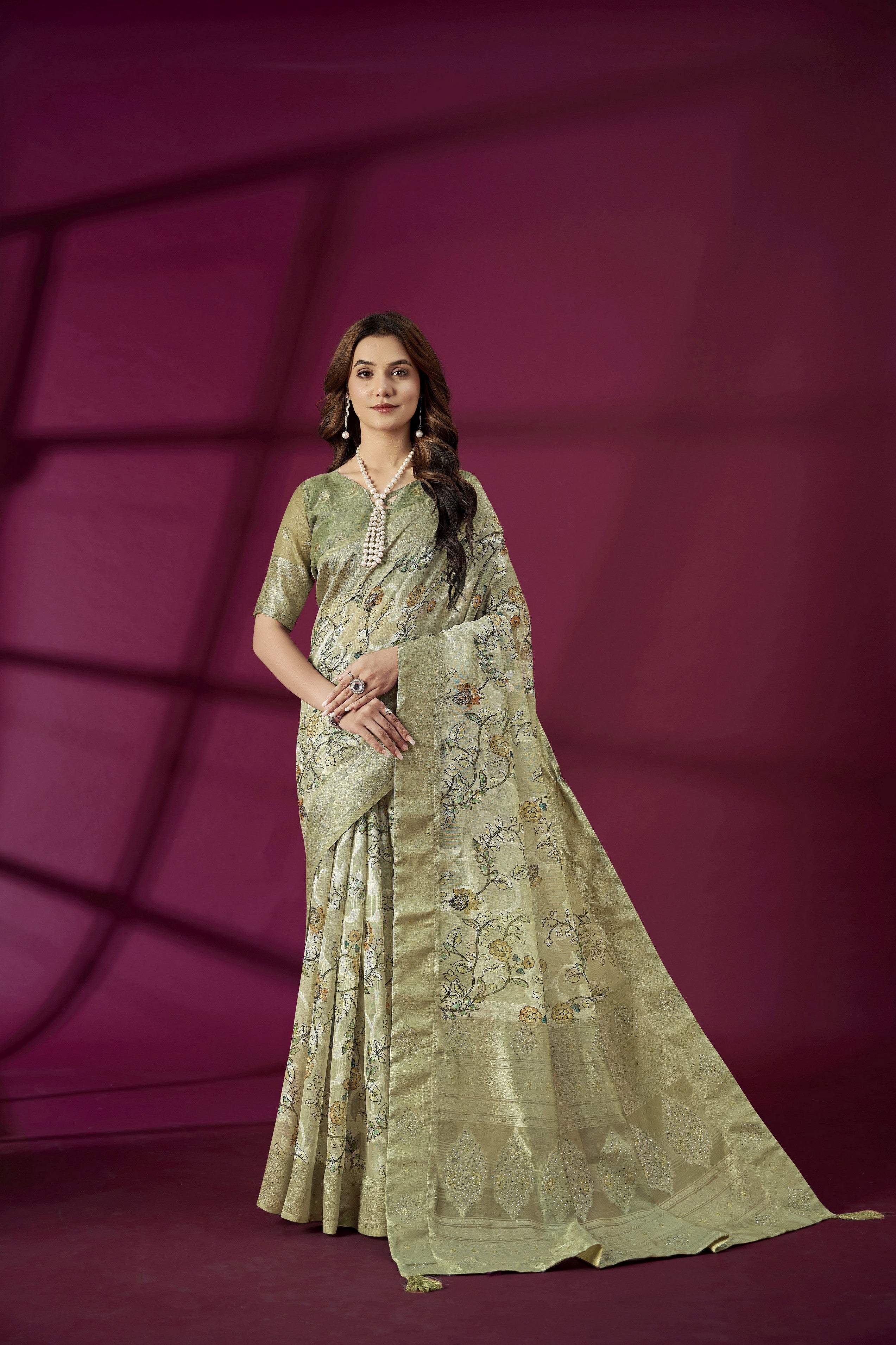 Pista Rich Silk Jacquard Designer Saree With Smart Ethnic Printed