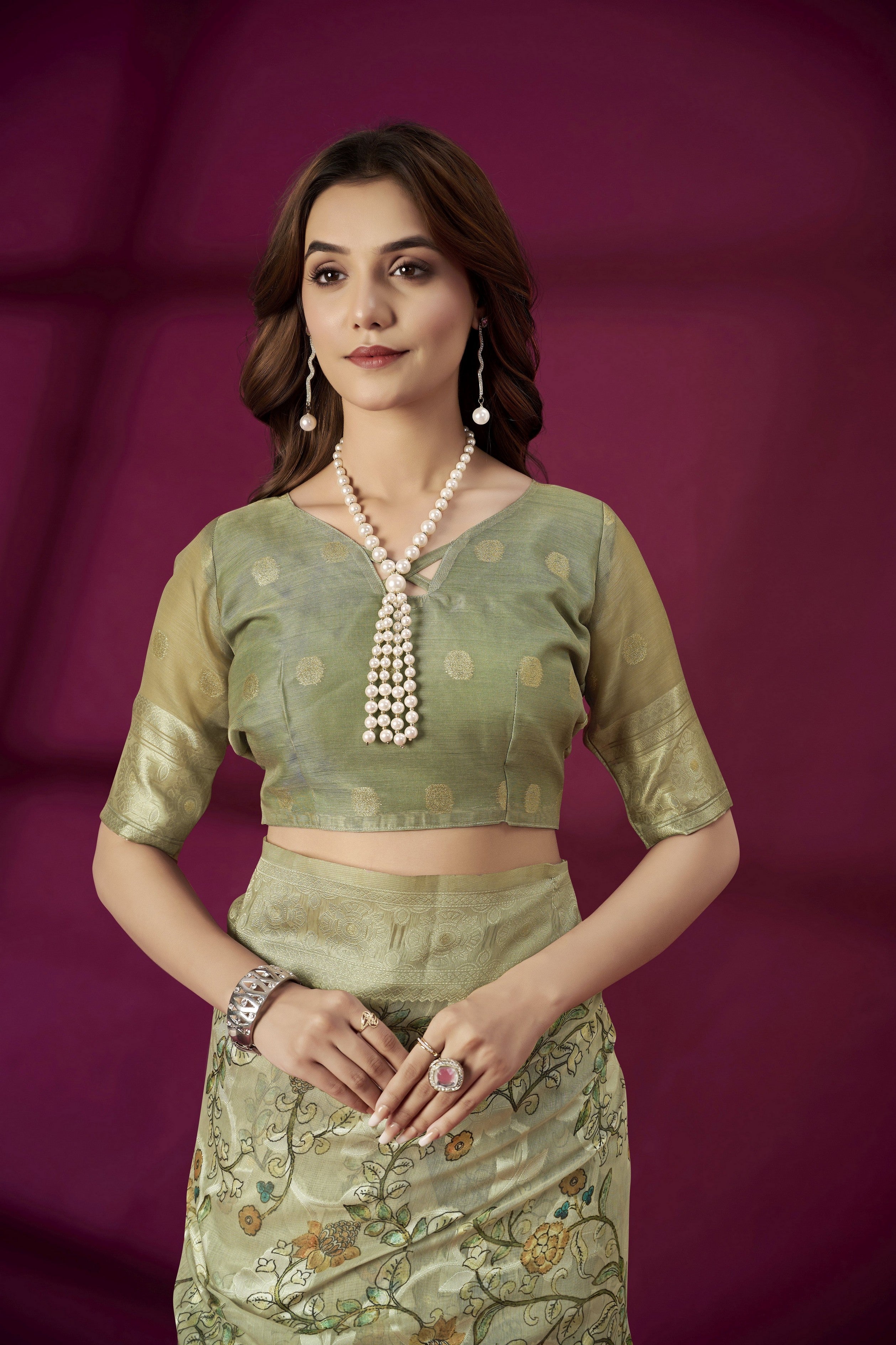 Pista Rich Silk Jacquard Designer Saree With Smart Ethnic Printed