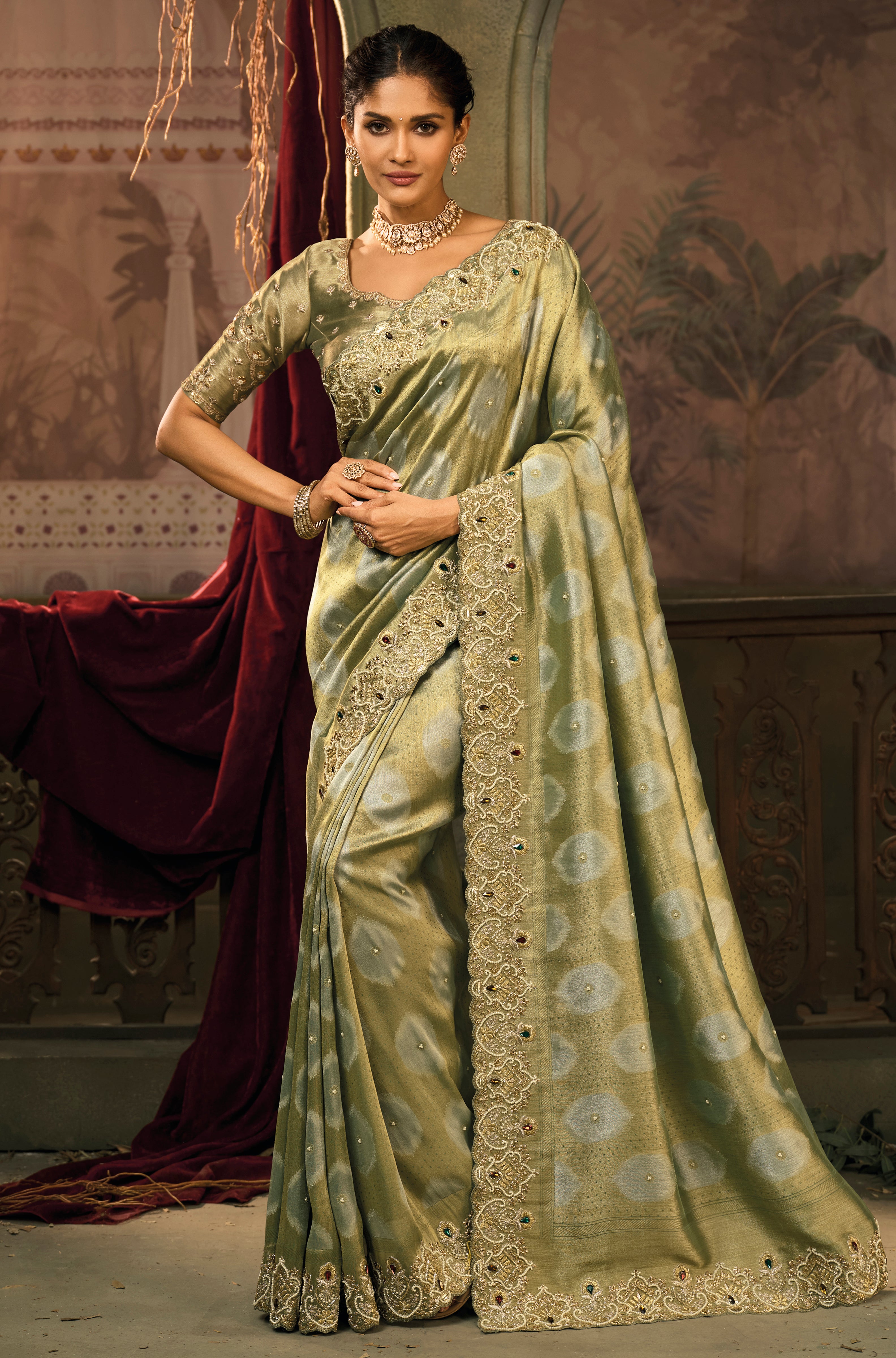 Pista Saree With Jari, Moti, Cut-Dana With Emerald Heavy Work